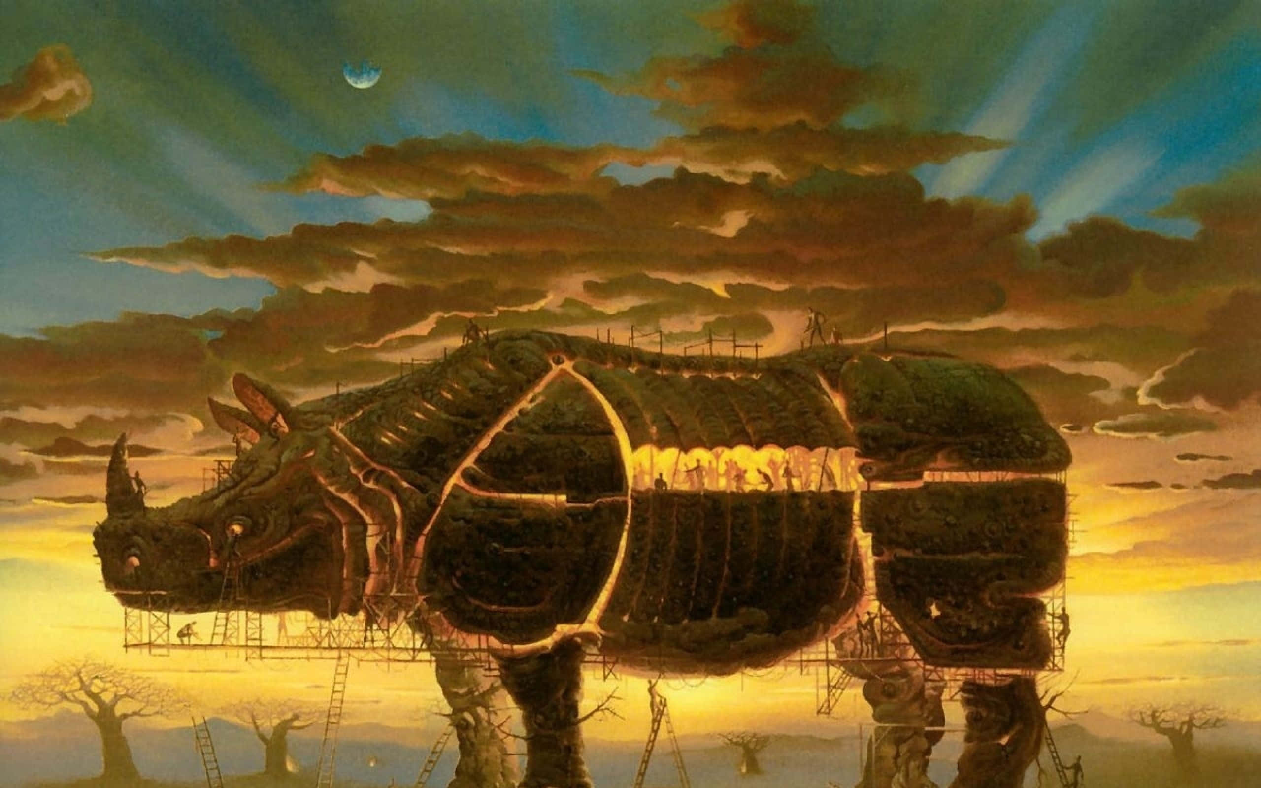 Surrealism 桌布 壁紙 — 一艘巨大的犀牛形飛船，帶有發光的內部燈光和鷹架，在日落時分漂浮在貧瘠的景觀上空。