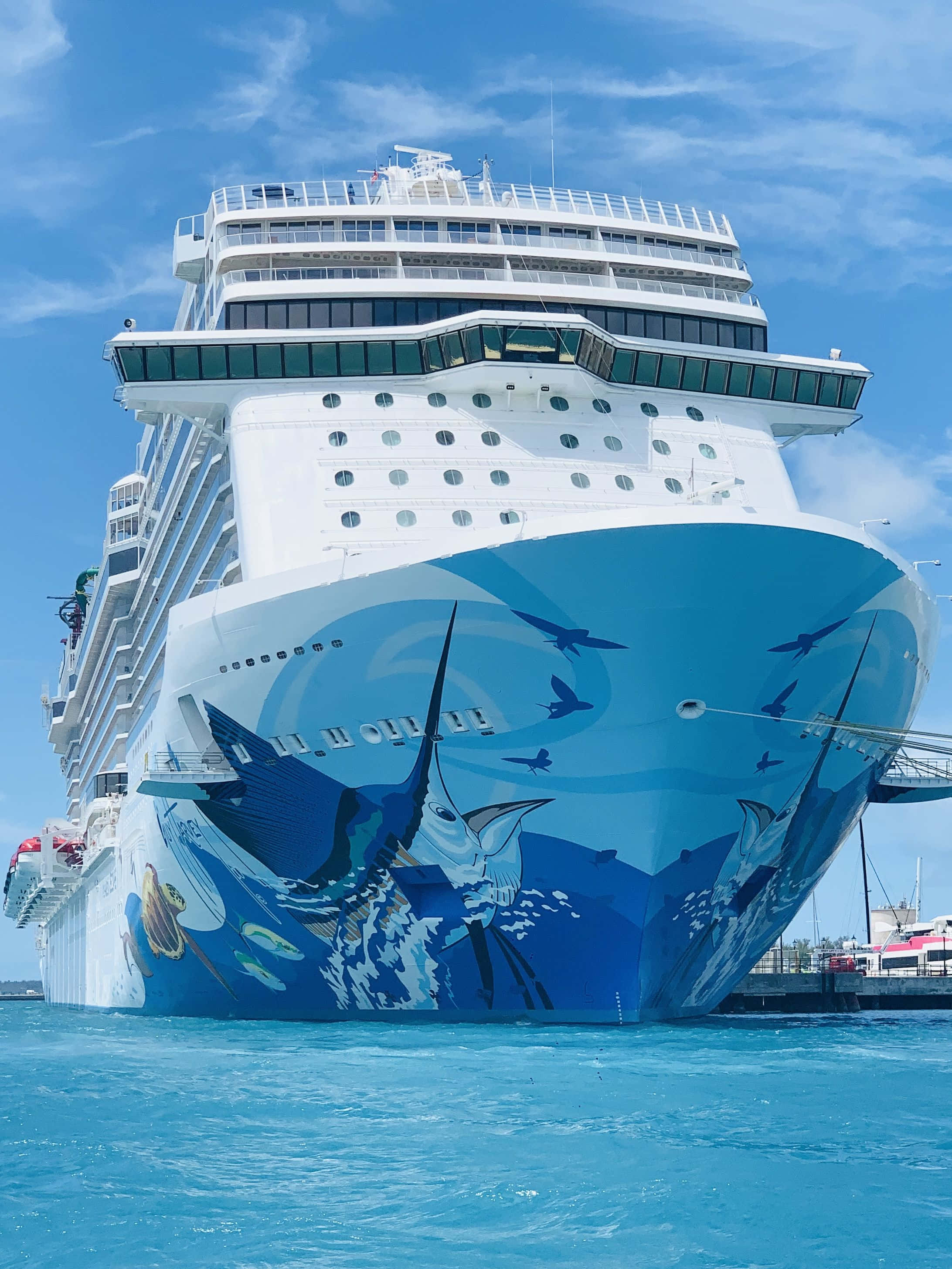Cruise 桌布 壁紙 — 一艘巨大的白色郵輪，帶有充滿活力的藍色馬林魚壁畫，主導了畫面，停泊在清澈藍天下的碧綠海水中。