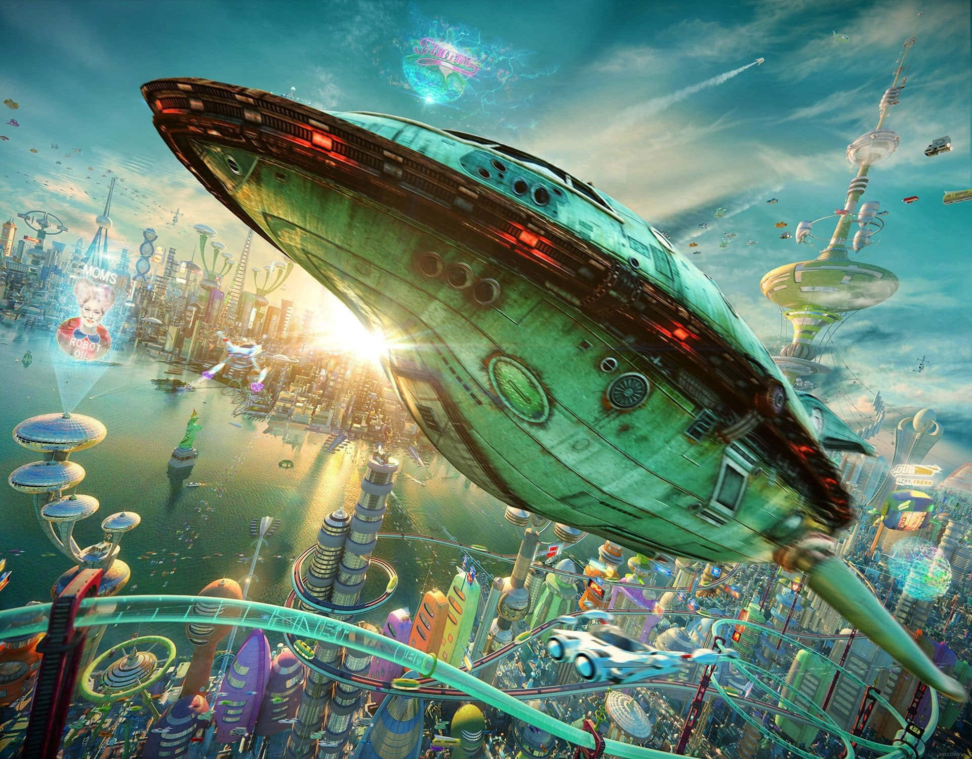 Futurama 桌布 壁紙 — 一艘巨大的綠色太空船在充滿未來感的城市景觀上空翱翔，城市中有浮動塔樓和霓虹燈，背景是 vibrant 的日落天空。