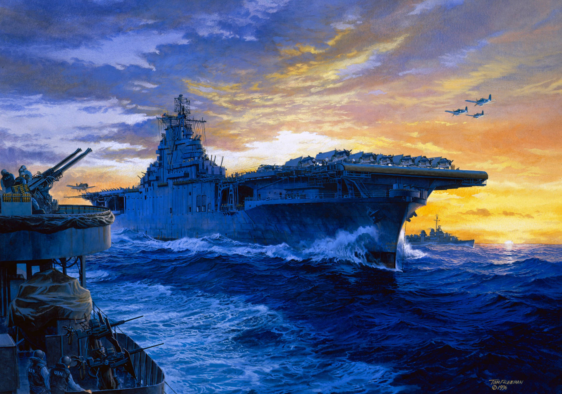 日落時航行的航空母艦，天空中有戰鬥機，附近有軍艦。