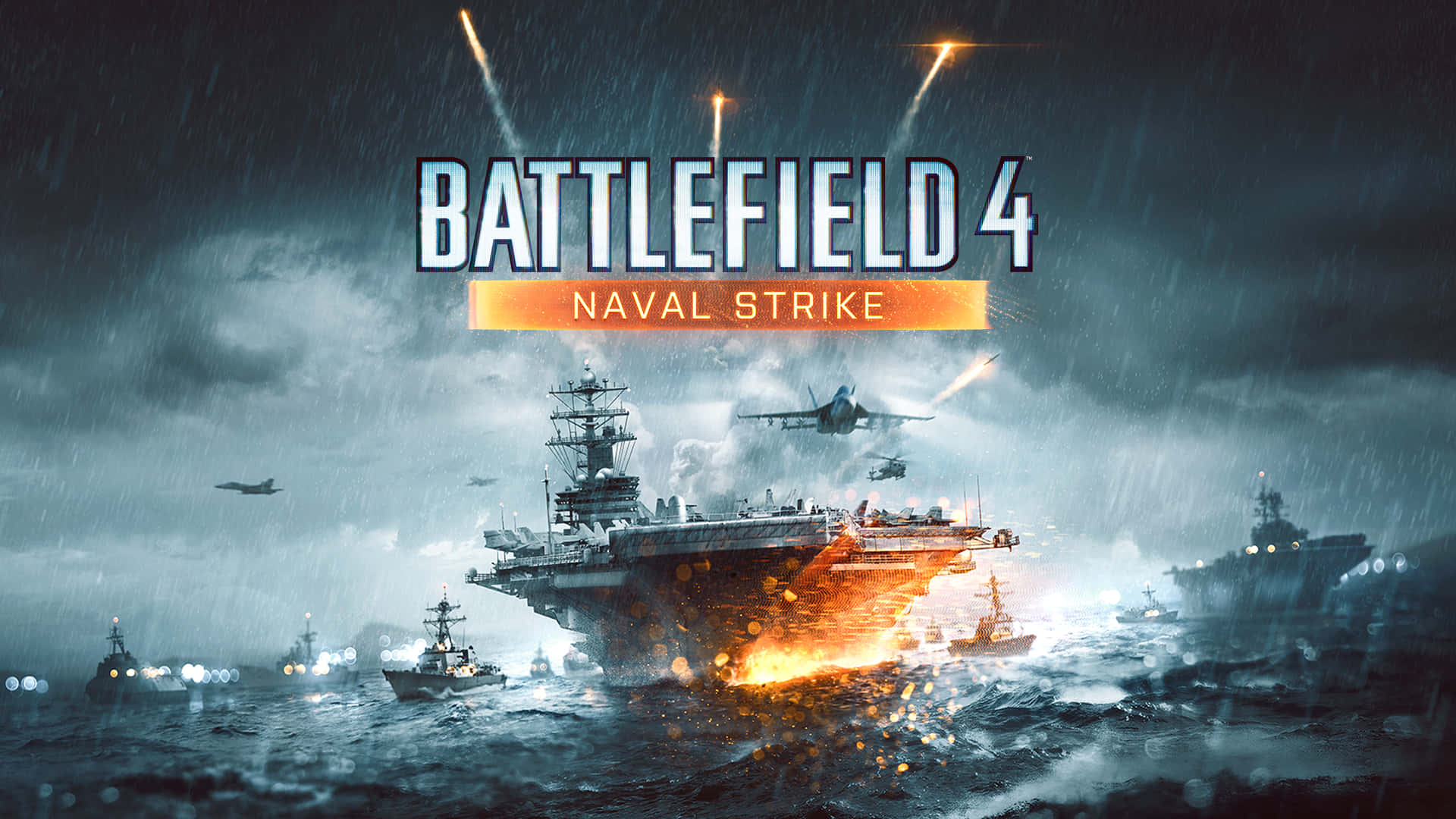 1920x1080 Battlefield 4 桌布 壁紙 — 一艘巨大的航空母艦在風暴海洋中奮戰，戰鬥機在爆炸和雨中起飛。