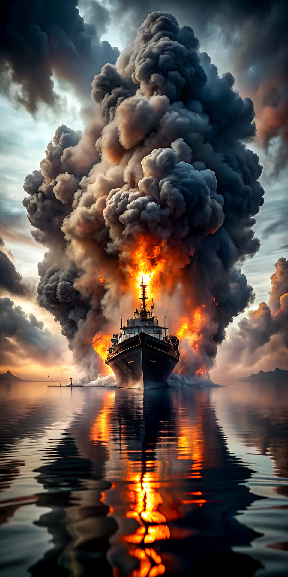 Aesthetic Burning Ship with Glowing Fire and Black Cloud in Cinematic Black and White theme 壁紙 — 一艘巨大的船隻在平靜的水面上猛烈燃燒，濃煙滾滾，火光倒映，在戲劇性的暮色天空下。