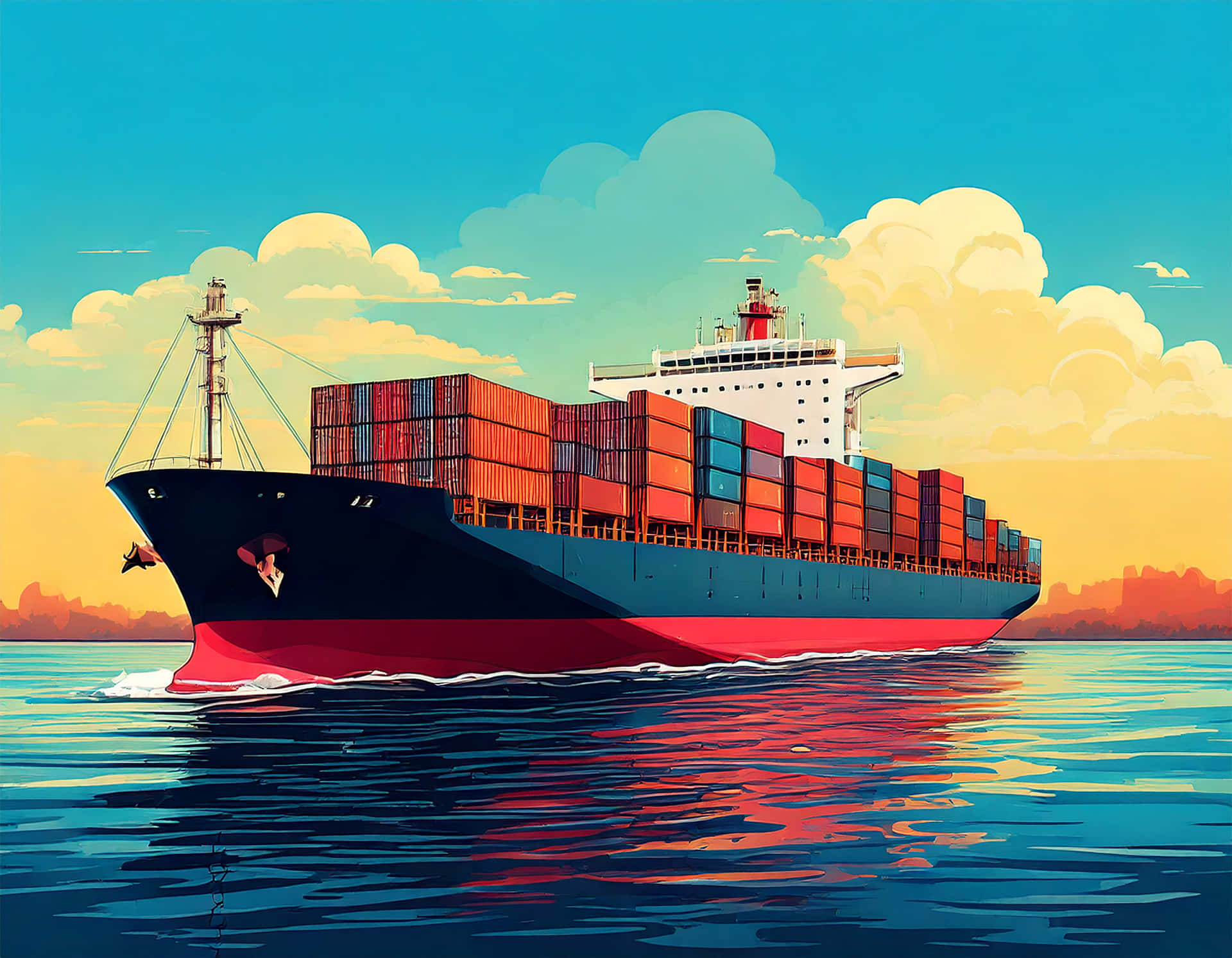 Cargo ship 壁紙 — 一艘巨大的貨櫃船載著色彩繽紛的貨櫃，在夕陽映照下航行於平靜的海面上。