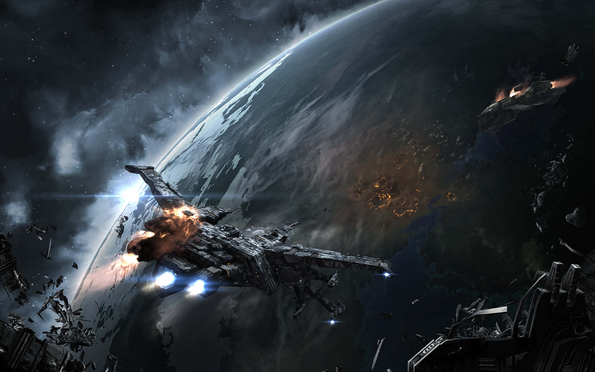 Spaceship 桌布 壁紙 — 一艘巨大的軍艦在軌道上爆炸，下方行星上有發光的城市和漂浮在太空中的碎片。