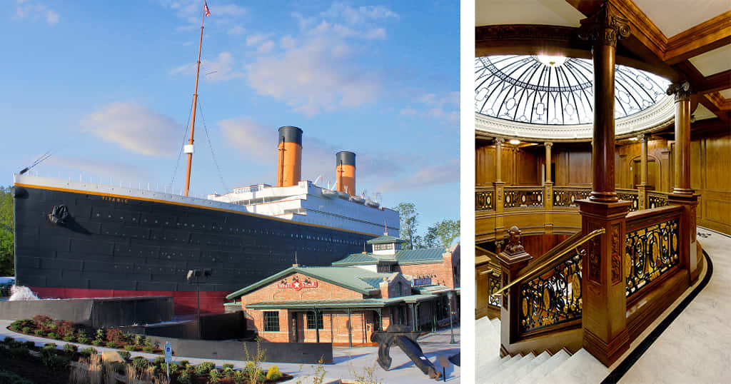 Titanic 桌布 壁紙 — 一艘巨大的鐵達尼號複製品矗立在磚砌建築旁，藍天白雲下，豪華內部有一座裝飾華麗的木樓梯，上方是玻璃穹頂天花板。