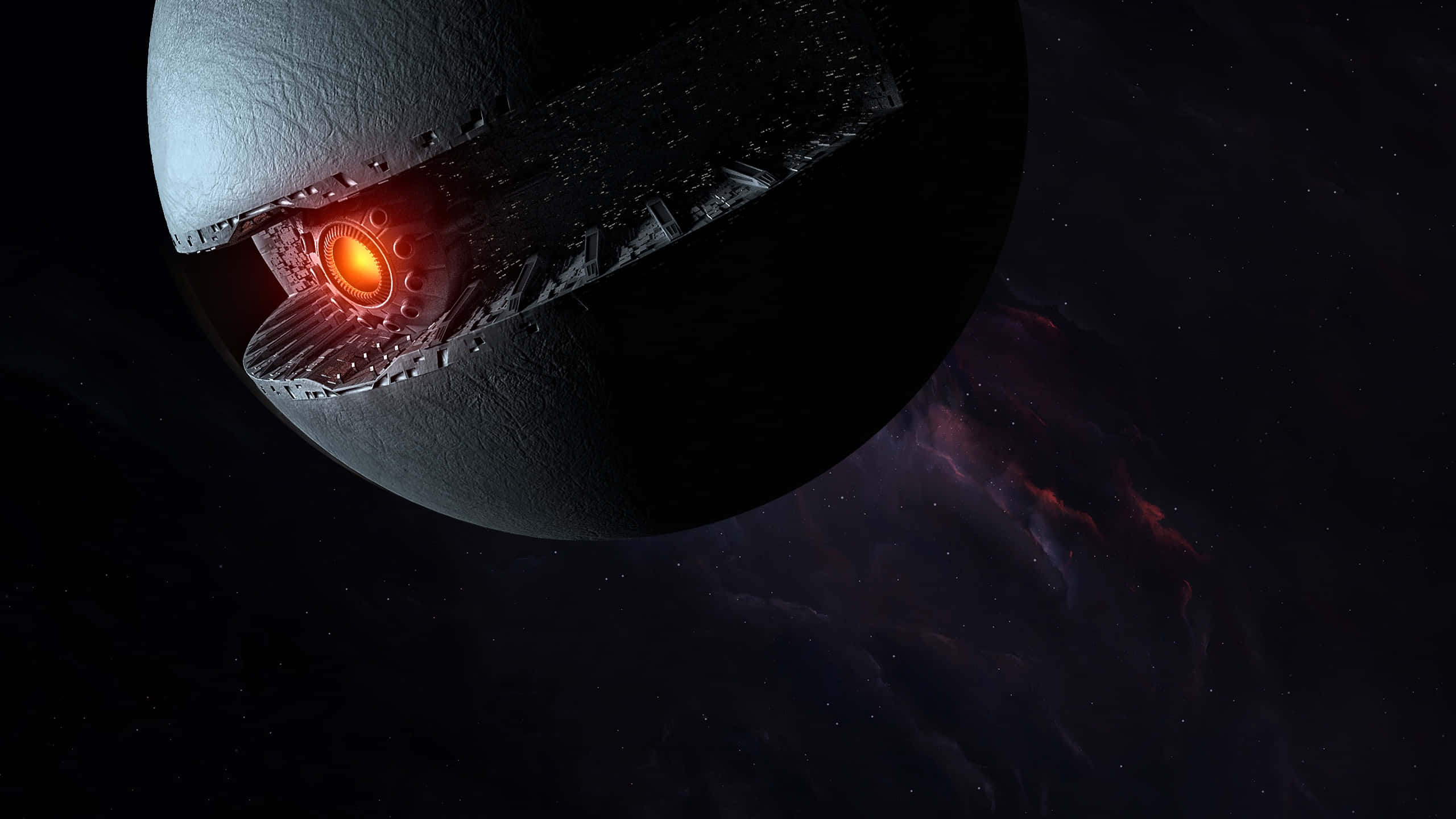 Starkiller Base 桌布 壁紙 — 一艘巨大的黑暗太空船，帶有發光的橙色核心，在星空中靠近星雲盤旋。