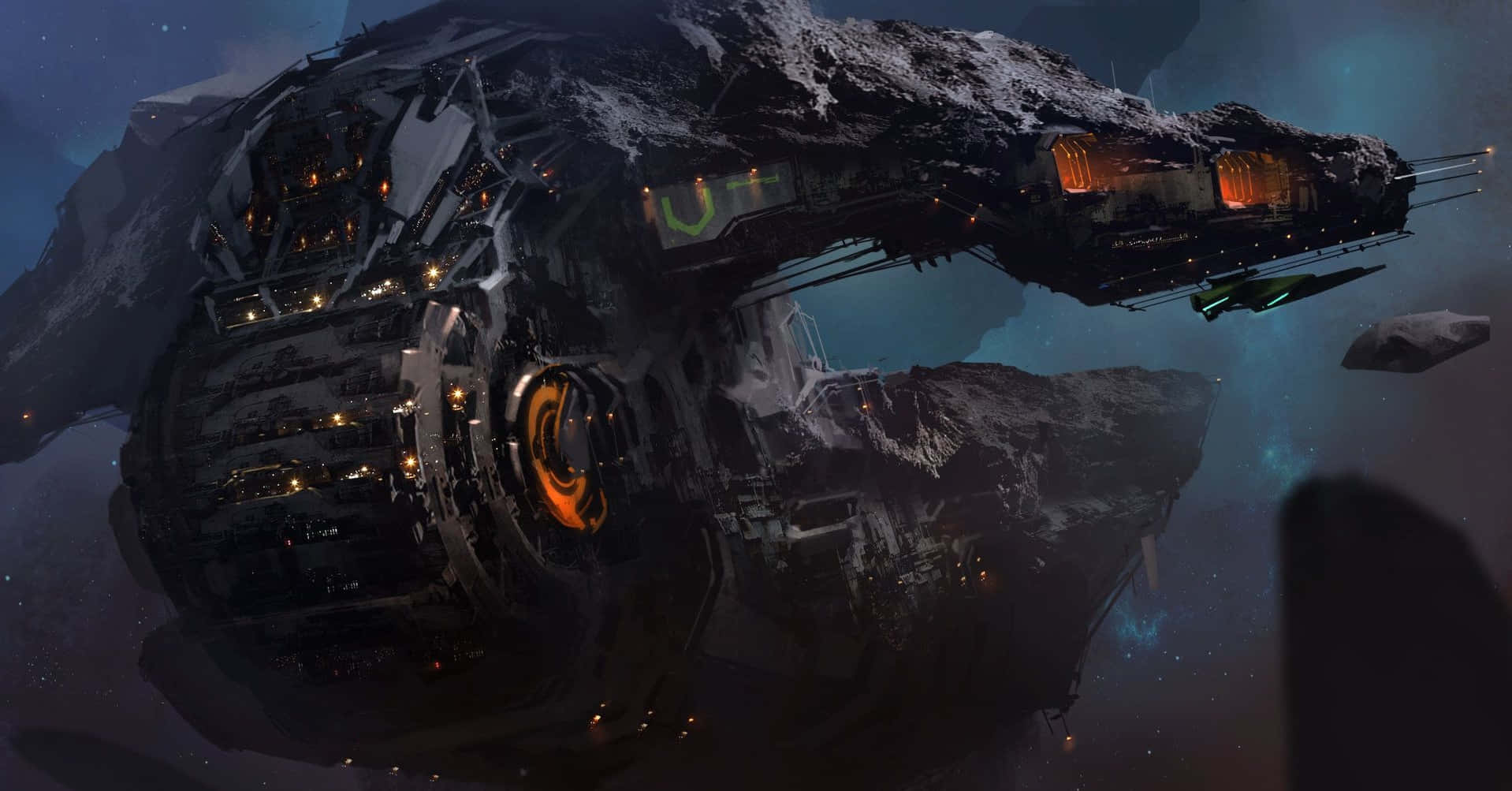 Space Mining 桌布 壁紙 — 一艘巨大而堅固的太空船，帶有發光的橙色引擎和綠色燈光，在佈滿小行星的星空宇宙虛空中漂流。