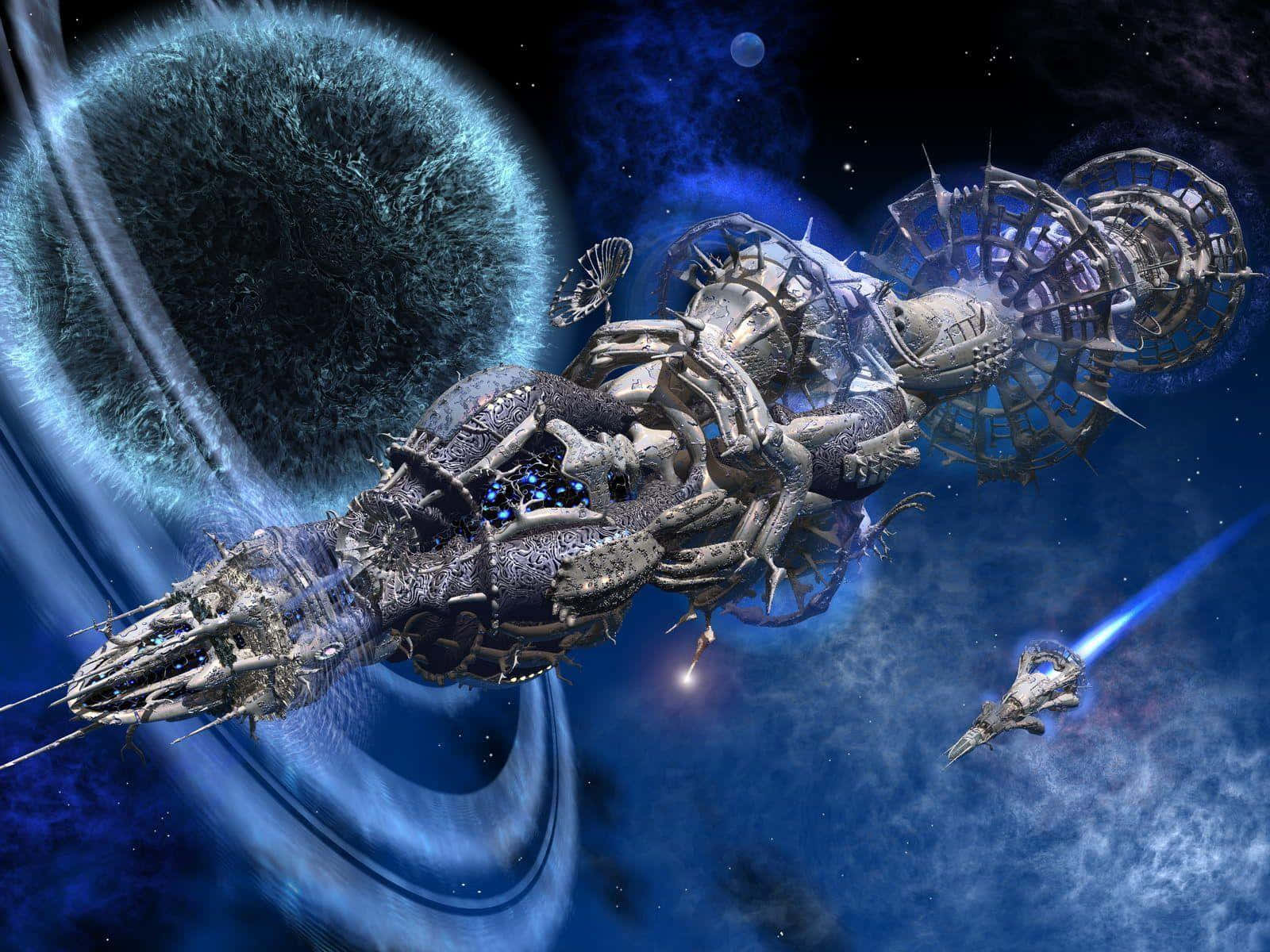 Spacecraft 桌布 壁紙 — 一艘巨大而複雜的太空船，帶有發光的藍色引擎，在星光燦爛的宇宙背景下環繞著一個旋轉的藍色行星運行。