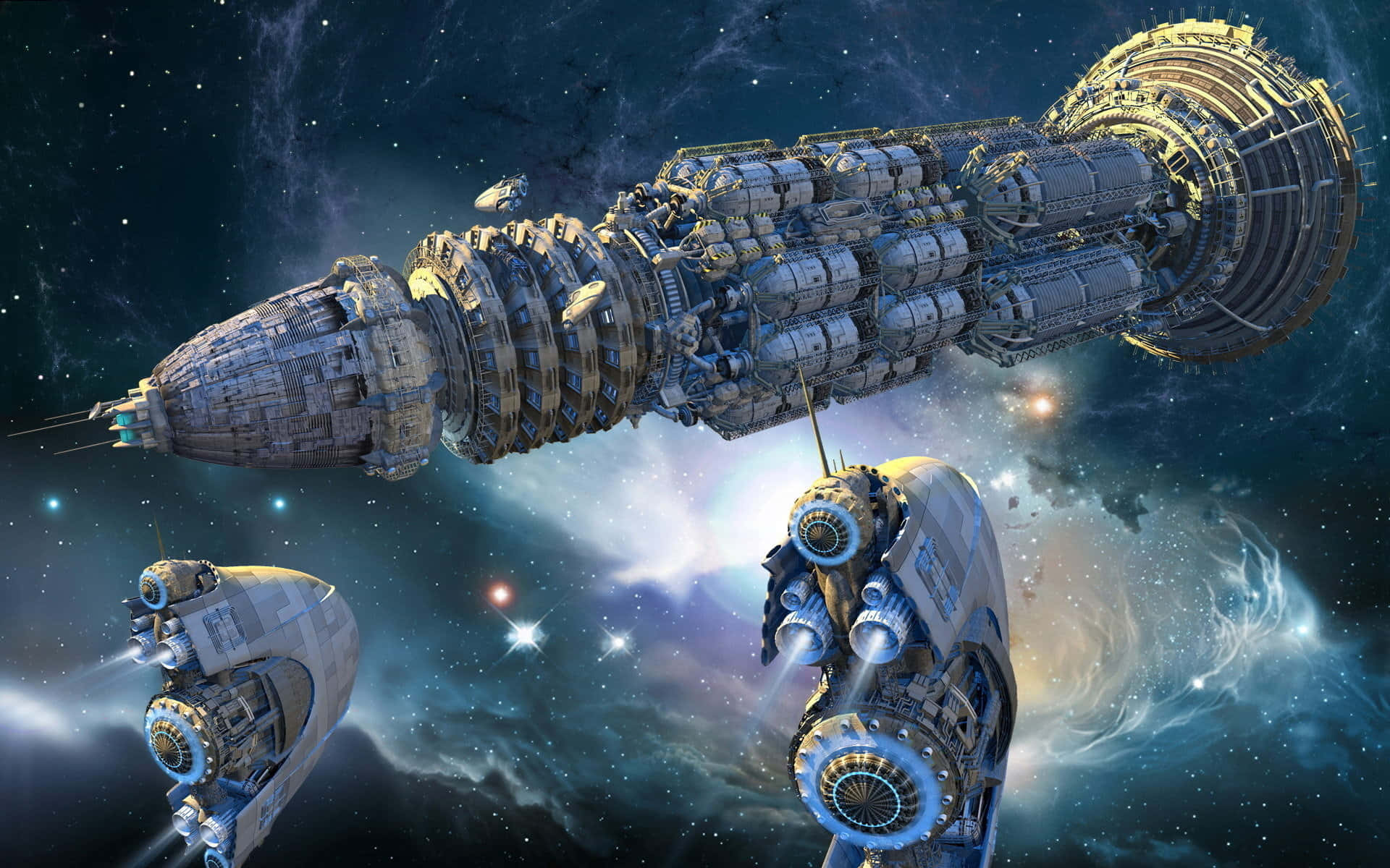 Spacecraft 桌布 壁紙 — 一艘巨大而複雜的太空船，配備發光的引擎，在充滿恆星和旋轉氣體的充滿活力的宇宙星雲中航行。