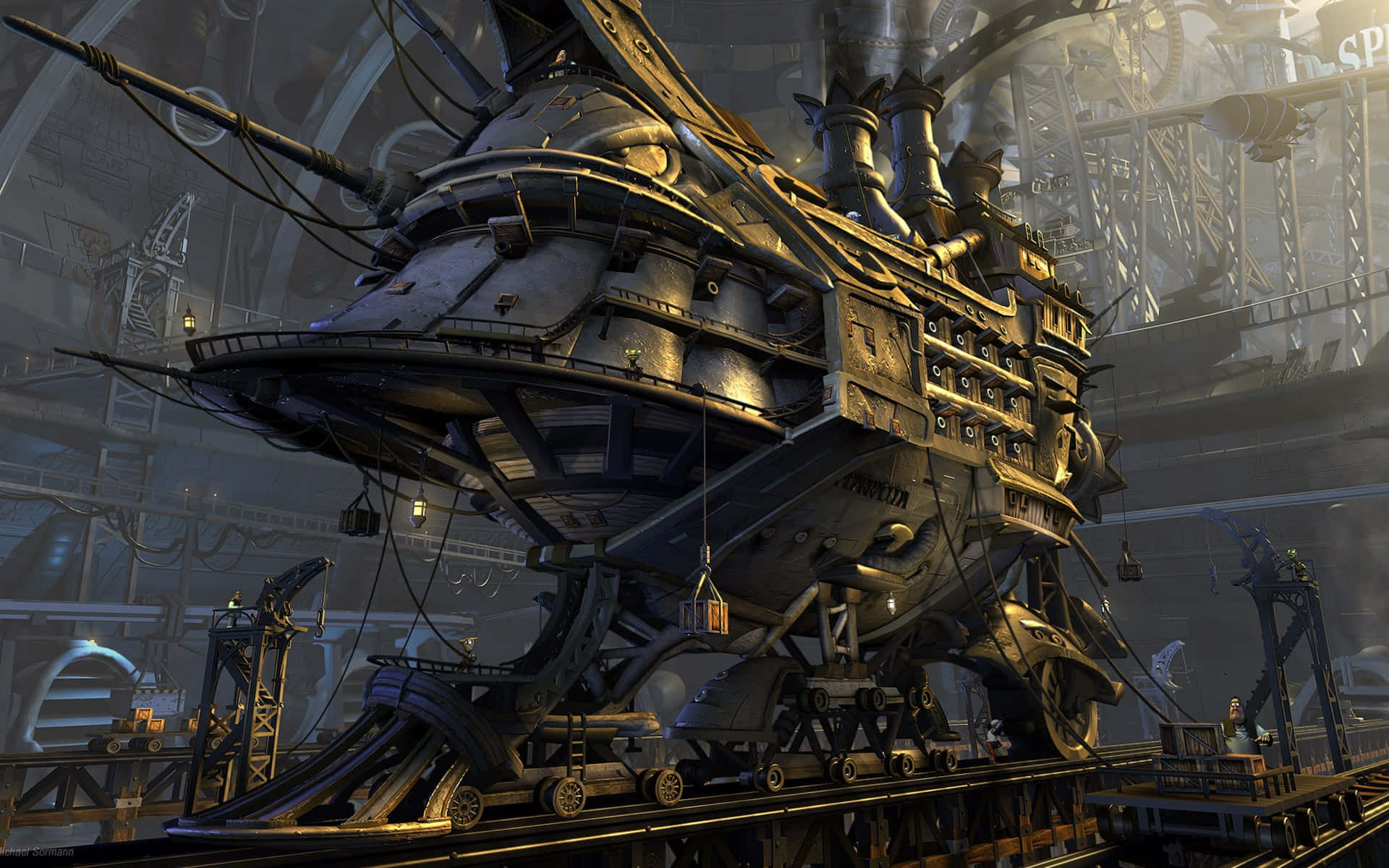 Dark Steampunk 桌布 壁紙 — 一艘巨大而複雜的蒸氣龐克飛船停泊在昏暗的工業機庫中，周圍是高聳的機器和發光的燈籠。