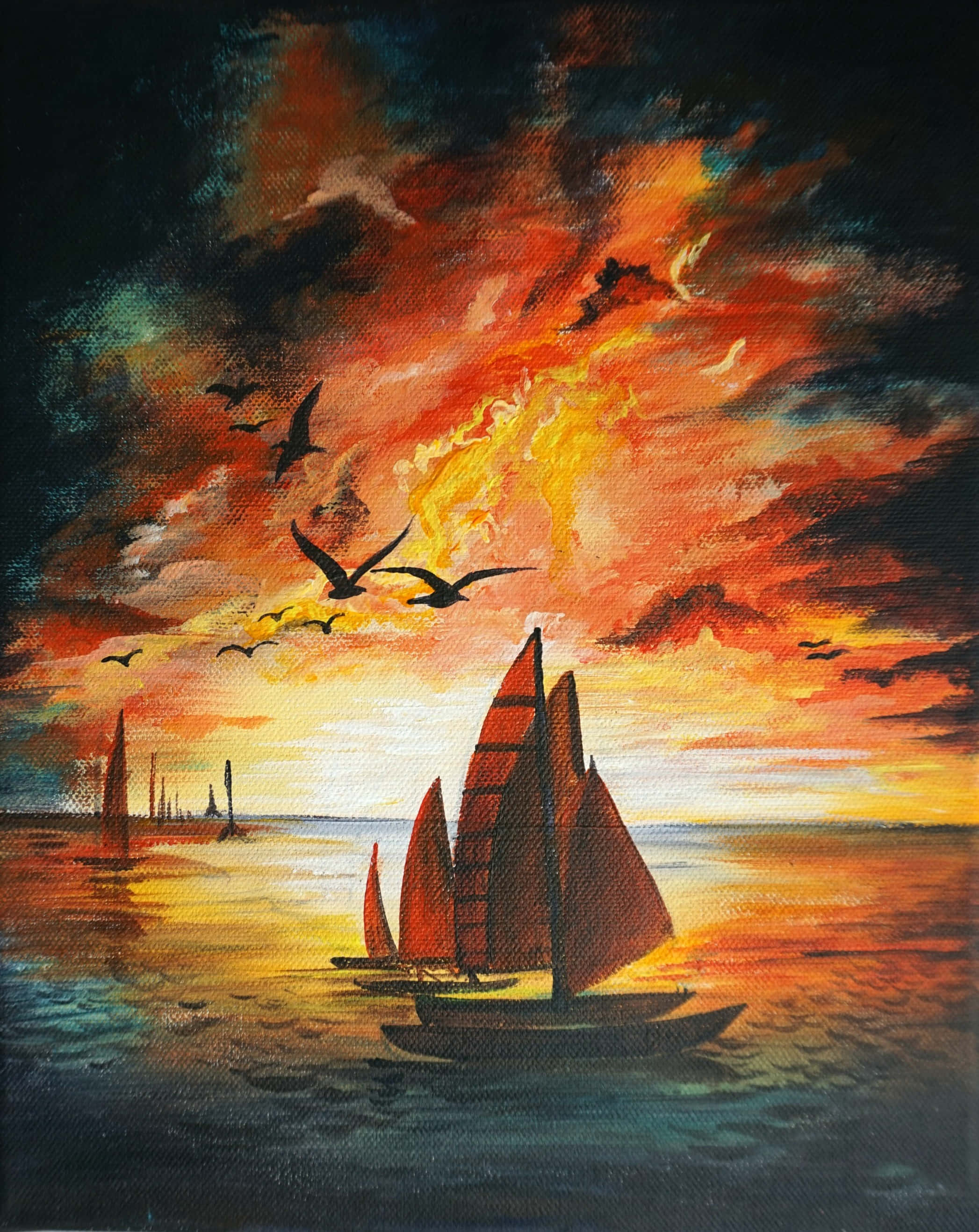 Painting 桌布 壁紙 — 一艘帆船在充滿活力的日落海上滑行，鳥兒在火橙色和深藍色的雲層中翱翔。