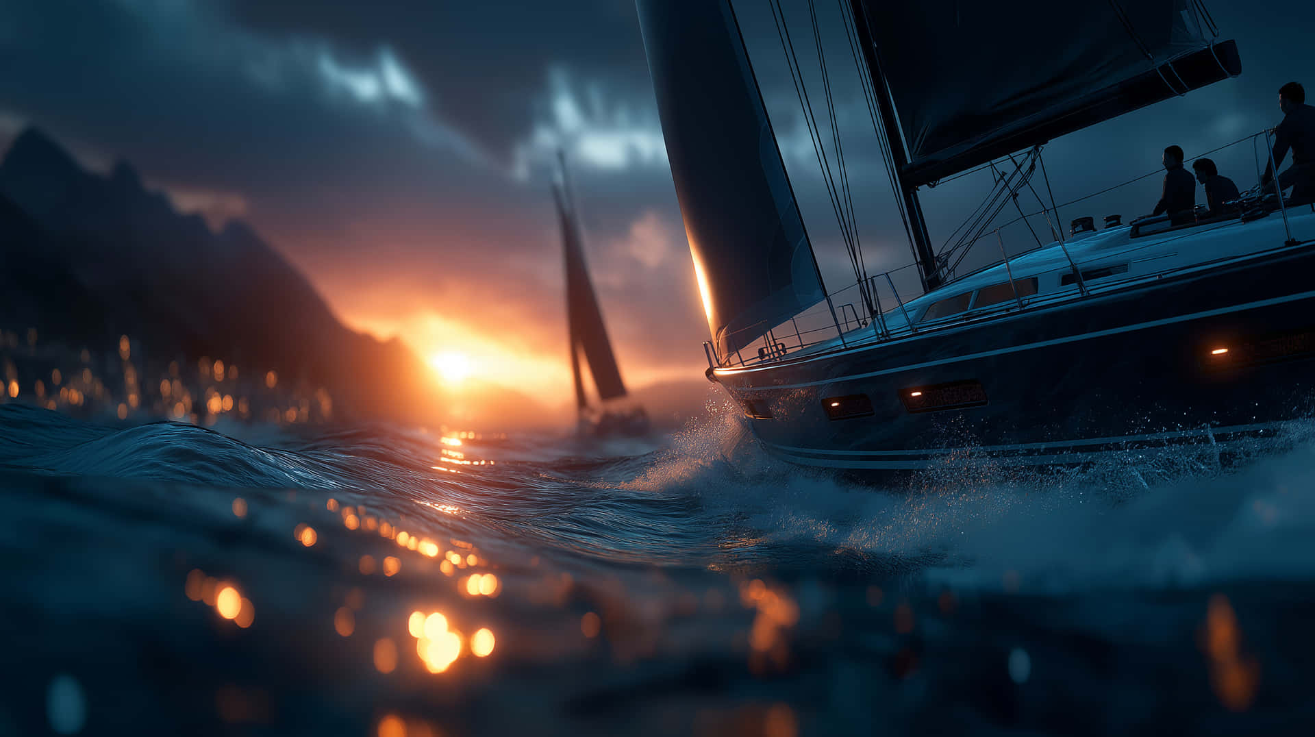 Sailboat Confronting Dynamic Waves During a Dramatic Sunset 壁紙 — 一艘帆船在日落時分劃過發光的海浪，背景有遠山和另一艘帆船。