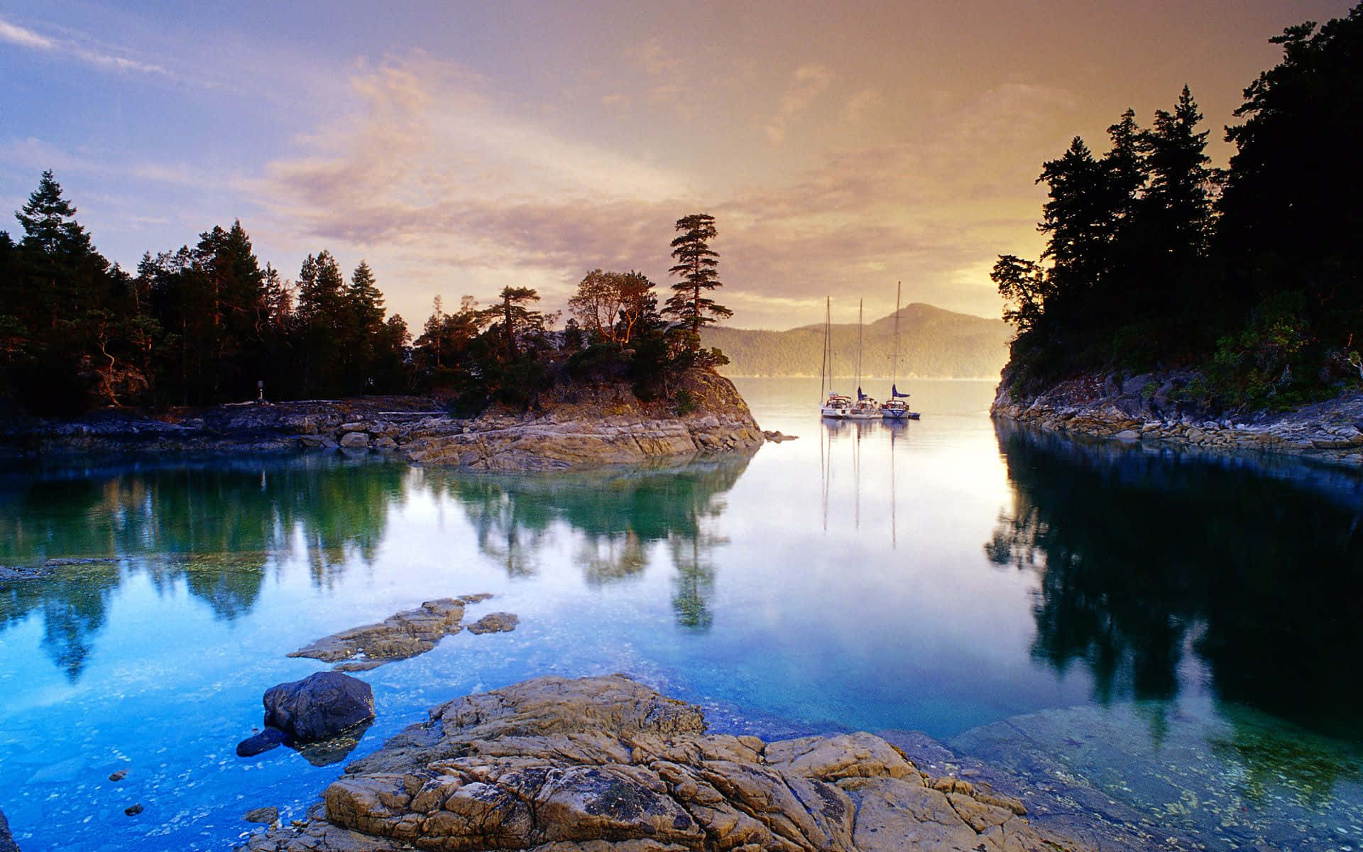 Beautiful Lake 桌布 壁紙 — 一艘帆船在日落時分平靜地停泊在玻璃般的碧綠海灣中，周圍是松樹林和岩石海岸，天空柔和金黃。