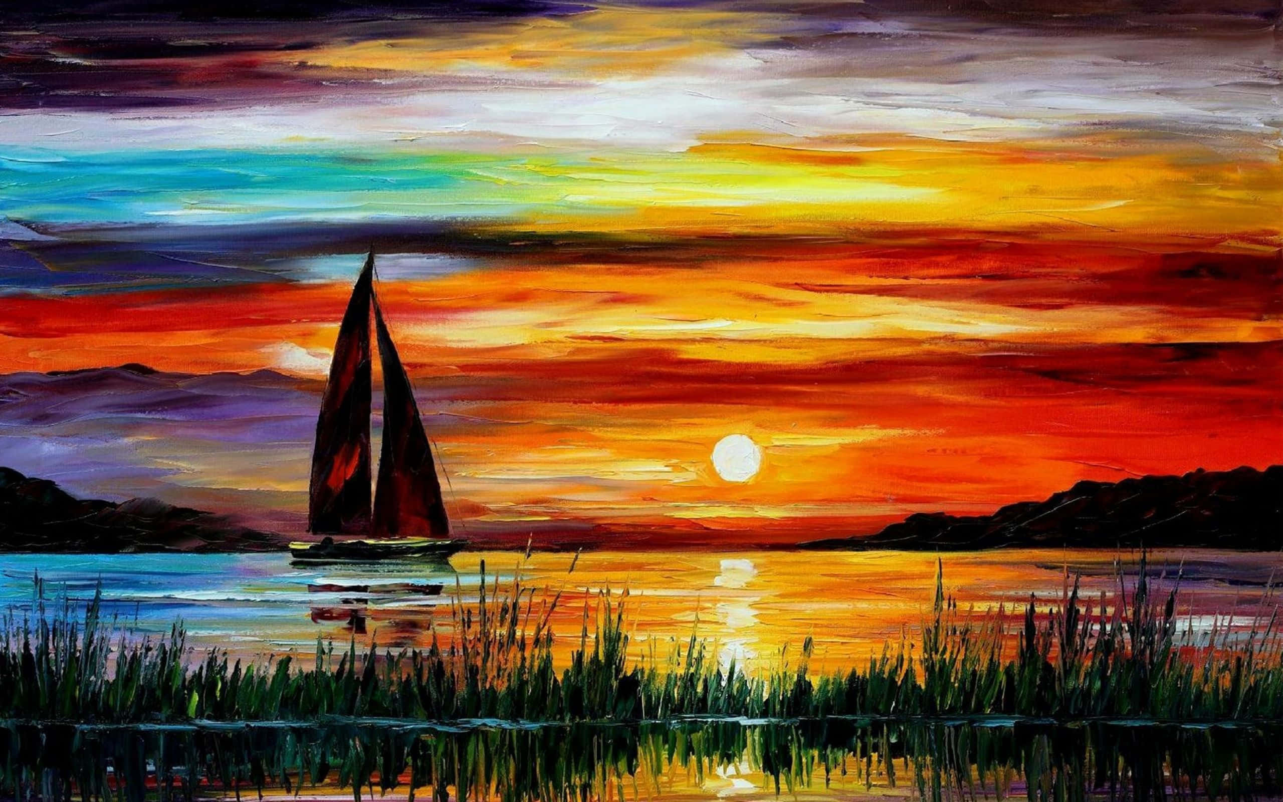 Oil Painting 桌布 壁紙 — 一艘帆船在日落時分滑過寧靜的湖面，熾熱的橙色和黃色天空倒映在水中。