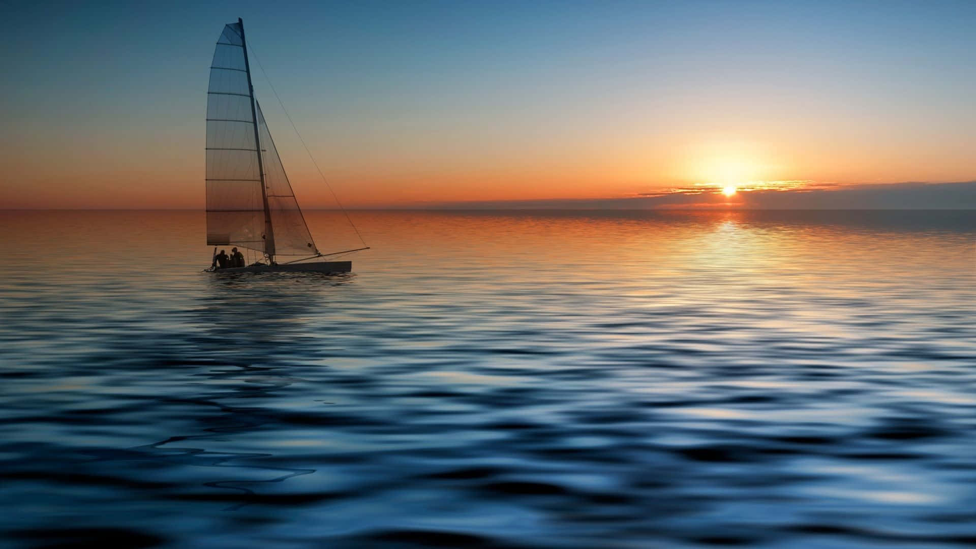 Sailboat 桌布 壁紙 — 一艘帆船在日落時分滑過平靜的水面，溫暖的橙色和冷藍色色調在溫柔的波浪上反射。