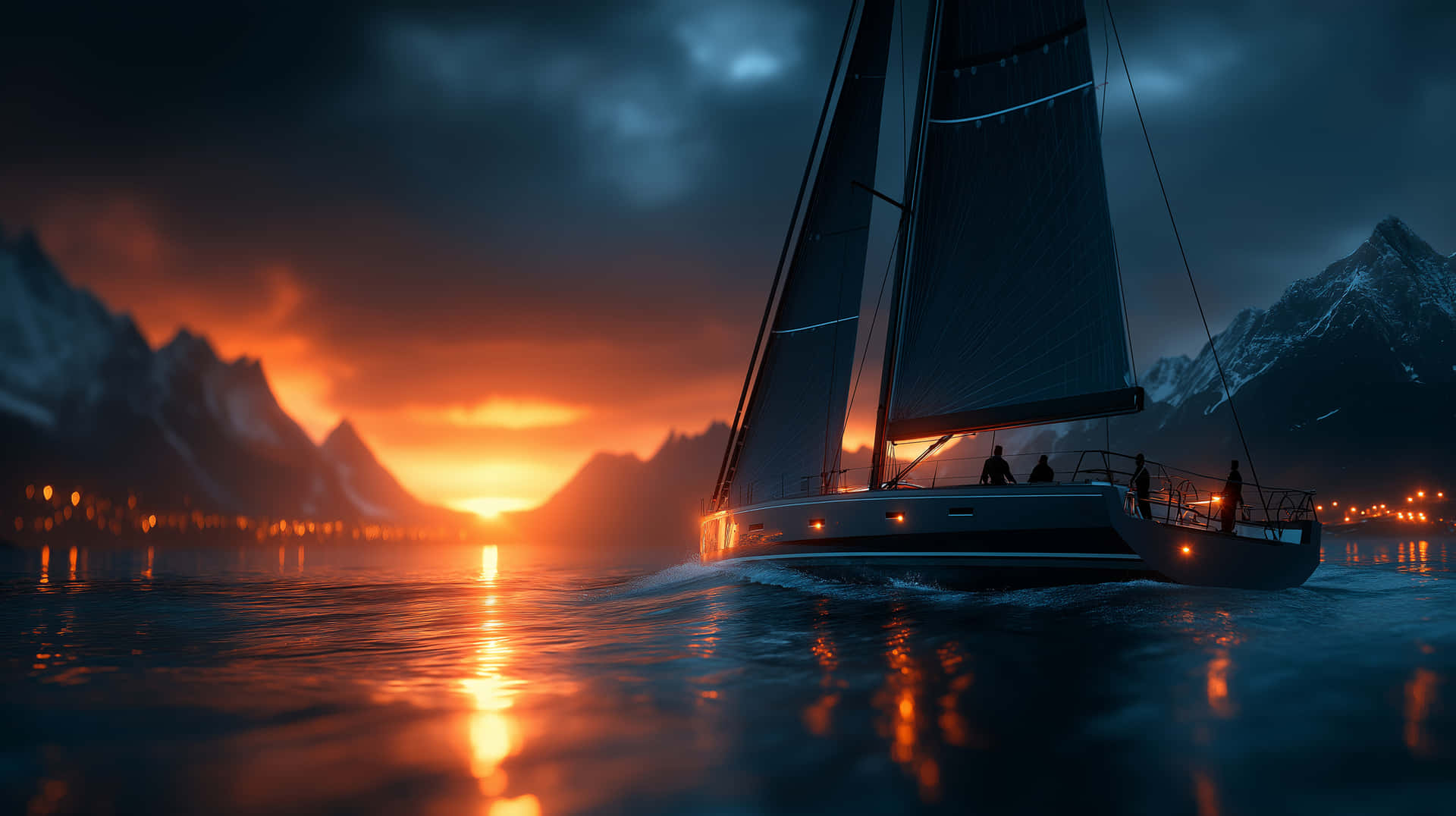 Sleek Sailboat on Choppy Waters Against Dramatic Sunset 壁紙 — 一艘帆船在日落時分滑過平靜的湖面，天空呈現火熱的橙色，背景是白雪覆蓋的山脈。