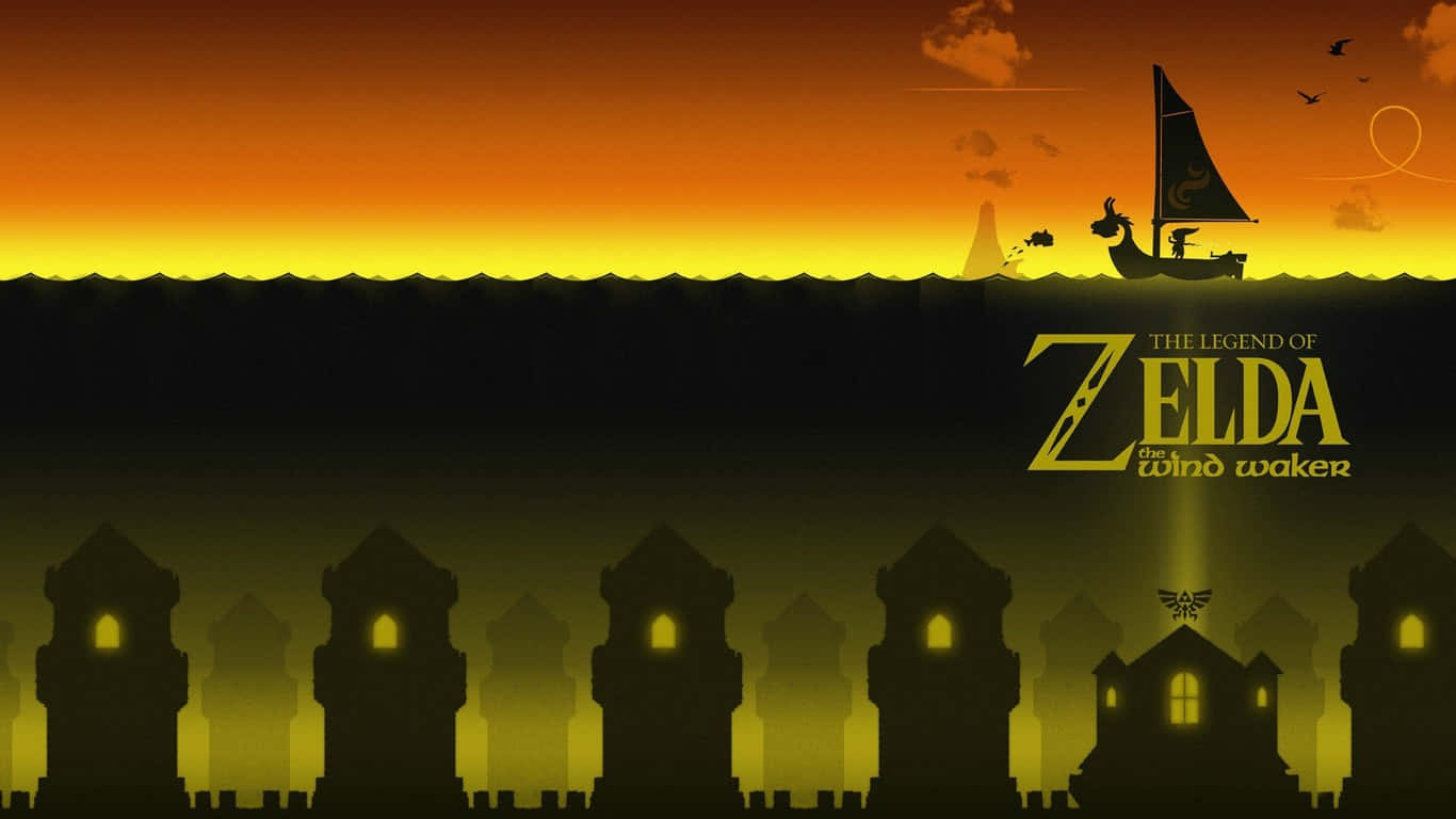 The Legend Of Zelda The Wind Waker 桌布 壁紙 — 一艘帆船在日落時分滑過發光的橙色海洋，上方是發光的城堡塔樓剪影。