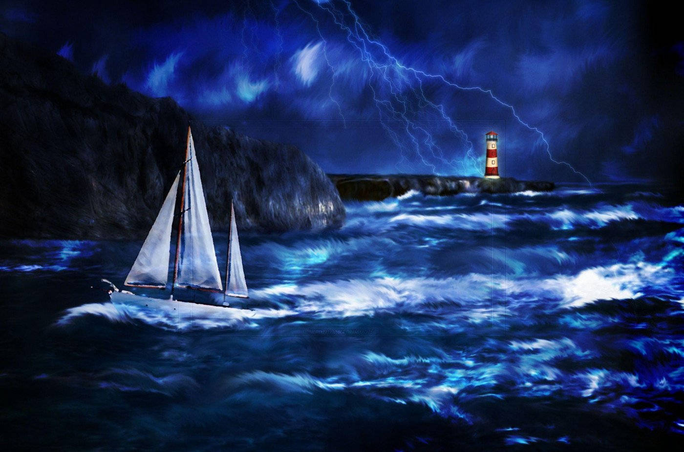 暴風 桌布 壁紙 — 一艘帆船在暴風雨的夜空下與洶湧的藍色波浪搏鬥，夜空被遠方燈塔附近的生動閃電照亮。