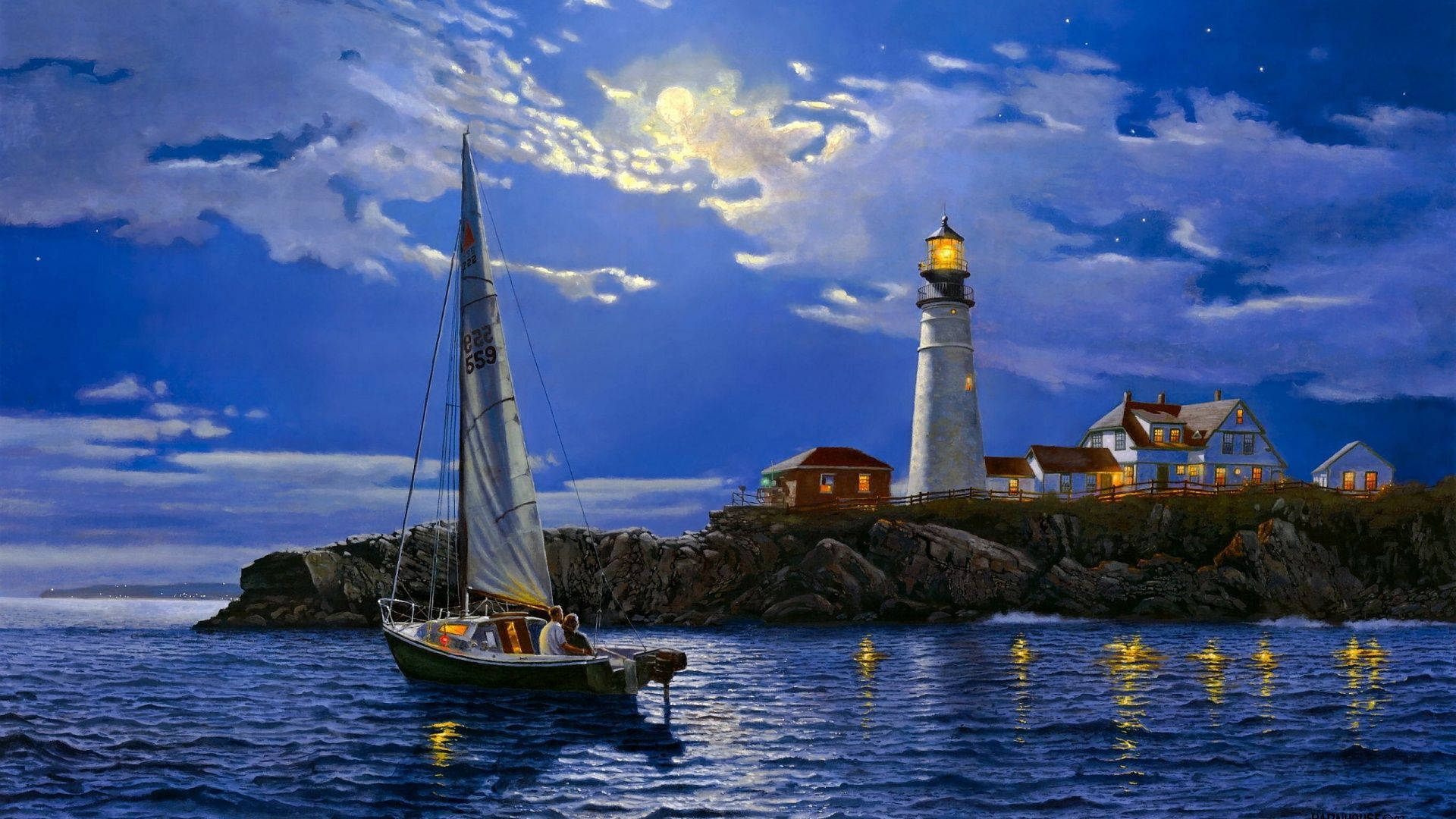 Painting 桌布 壁紙 — 一艘帆船在月光下的天空下滑行，靠近岩石海岸上發光的燈塔，溫暖的房屋燈光倒映在水面上。