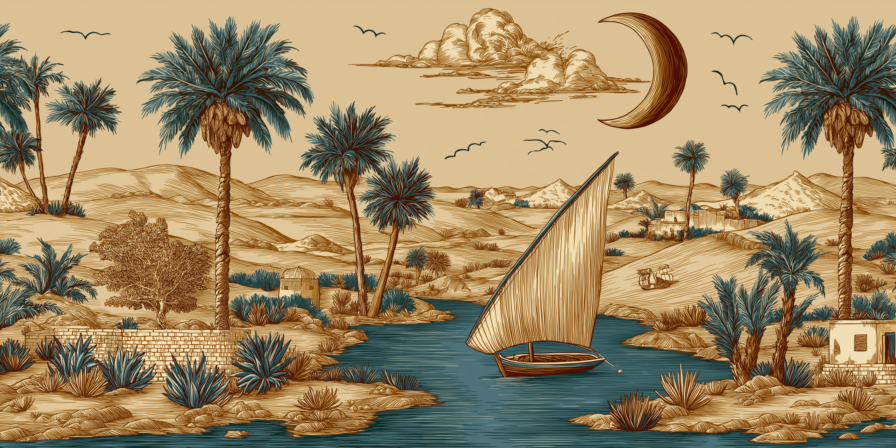 Desert 桌布 壁紙 — 一艘帆船在河流上滑行，穿過由棕櫚樹環繞的沙漠綠洲，上方是新月和雲朵。