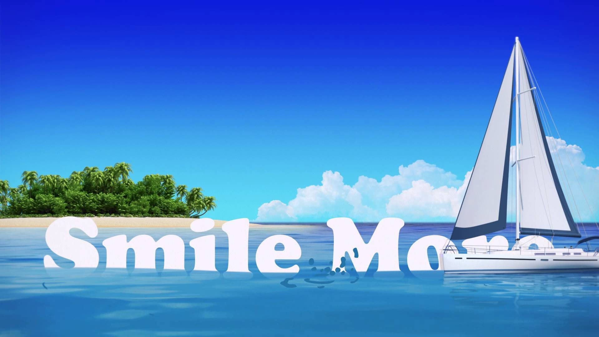 Smile 桌布 壁紙 — 一艘帆船在湛藍的天空下，沿著棕櫚樹環繞的熱帶島嶼旁，在碧綠色的水面上滑行。