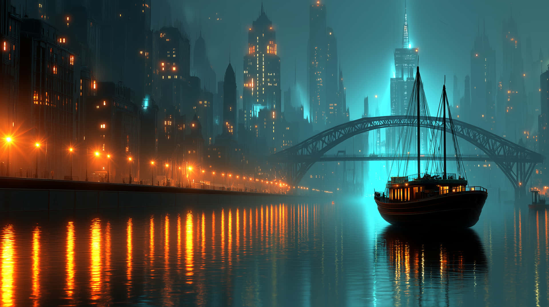 Futuristic Waterfront Cityscape with Glowing Urban Reflections 壁紙 — 一艘帆船在發光的橋下滑行，溫暖的路燈和冷藍色的摩天大樓在夜晚平靜的水面上反射。