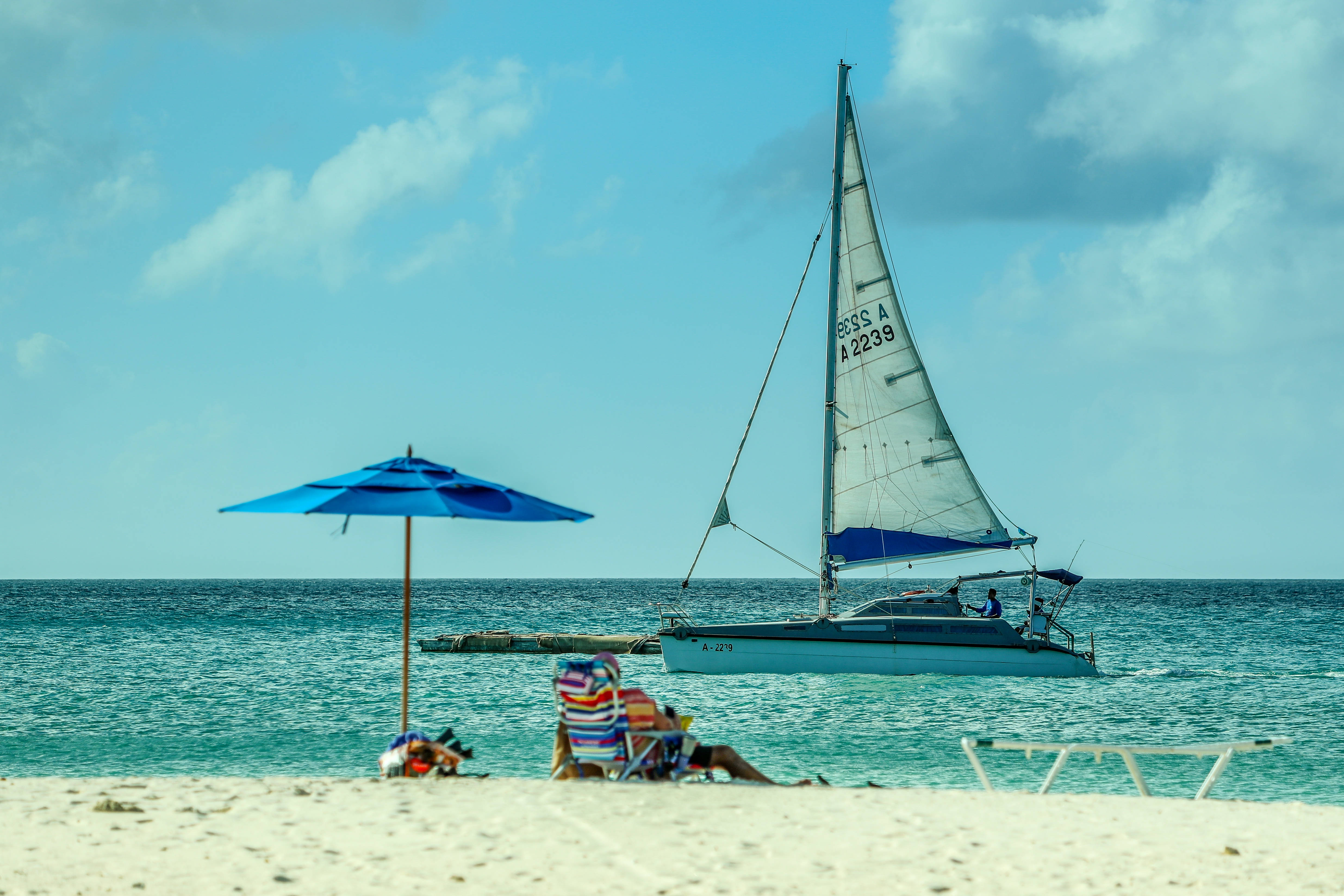 Aruba 桌布 壁紙 — 一艘帆船在碧綠色的水面上滑行，而一個人正在白色沙灘上的藍色遮陽傘下放鬆。