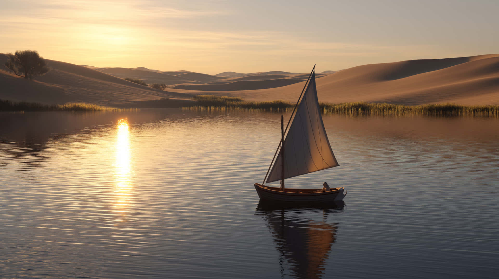 Serene sailboat drifting on water by desert dunes at sunset 壁紙 — 一艘帆船在金色日落時分滑過平靜的沙漠湖泊，泛起漣漪倒影，遠處沙丘連綿。