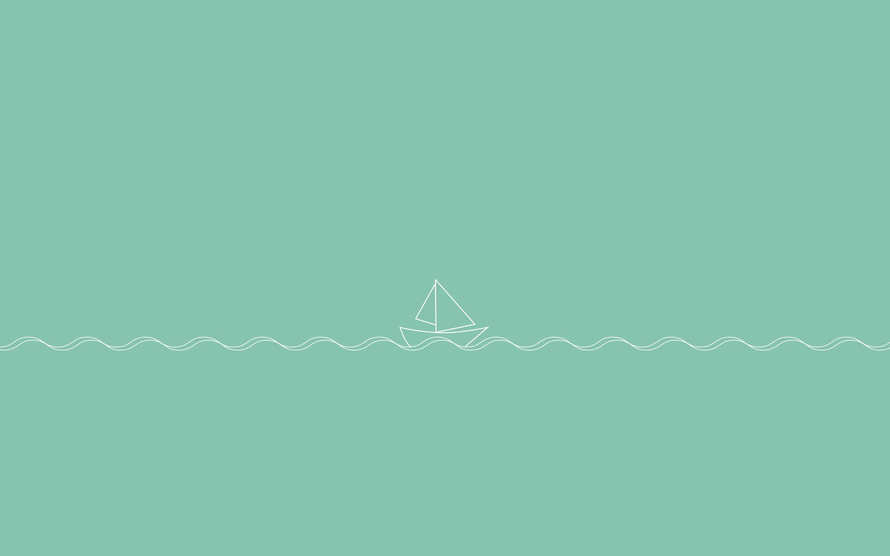 Minimalist Ocean 桌布 壁紙 — 一艘帆船的極簡白色線條畫，在空曠的天空下，平靜的藍綠色海面上滑行。