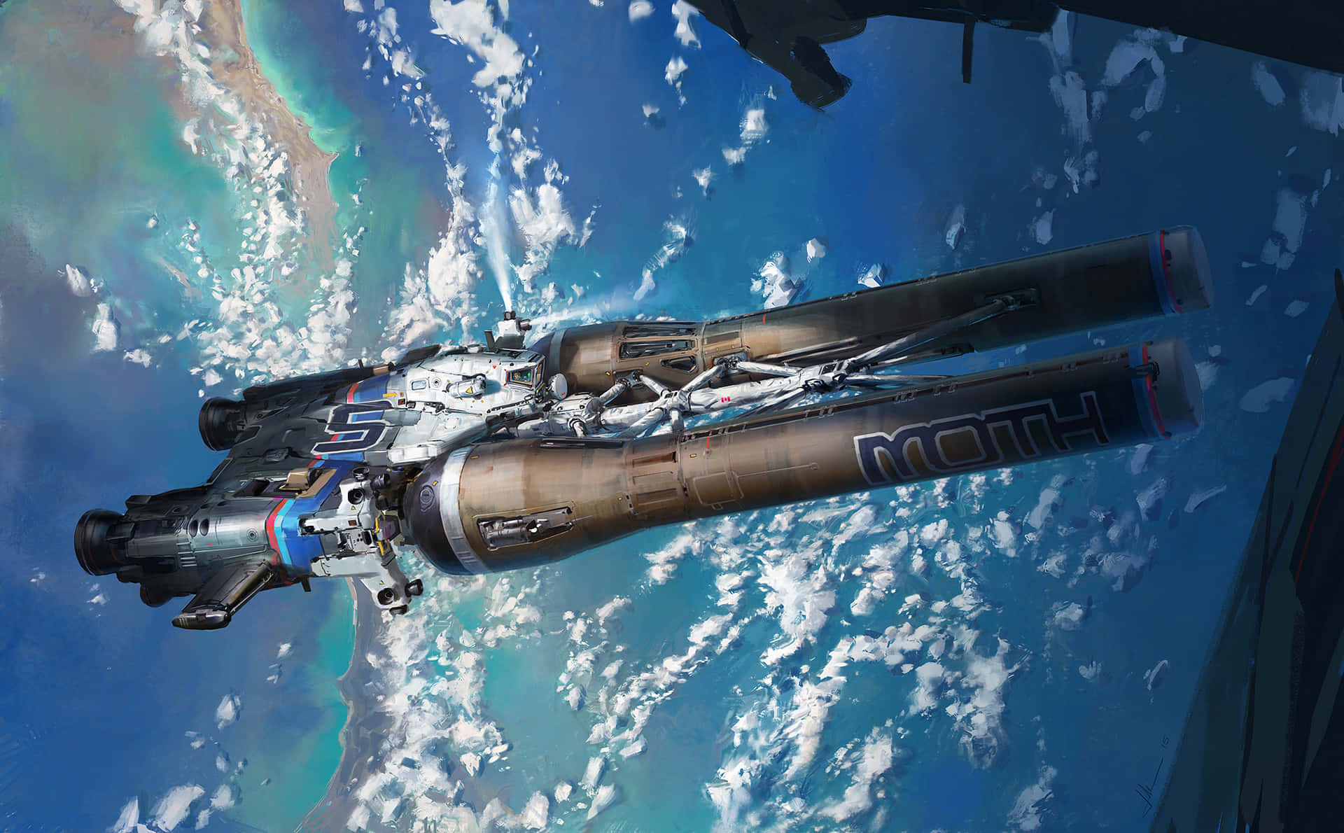 Spaceship 桌布 壁紙 — 一艘帶有「MOTH」品牌的時尚未來太空船在地球的藍色海洋和白色雲層上方滑翔。