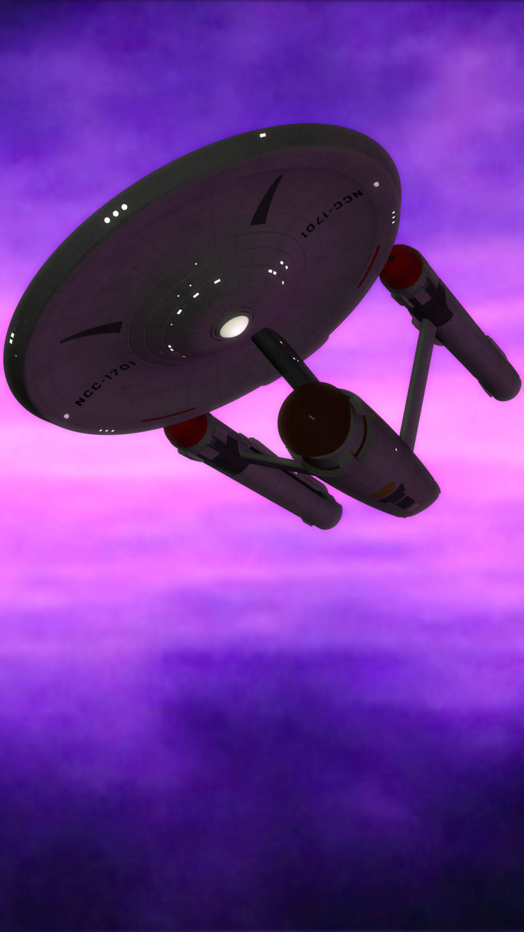 星際爭霸戰 iPhone 桌布 桌布 壁紙 — 一艘帶有NCC-1701標記的星艦在充滿發光雲團的鮮豔紫色星雲中滑行。