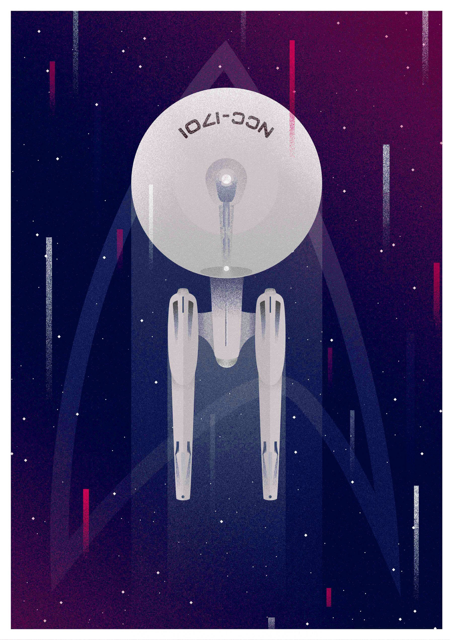 星際爭霸戰 iPhone 桌布 桌布 壁紙 — 一艘帶有NCC-1701標誌的時尚白色星艦，在星光閃爍的紫色和藍色宇宙虛空中滑行，伴隨著發光的條紋。