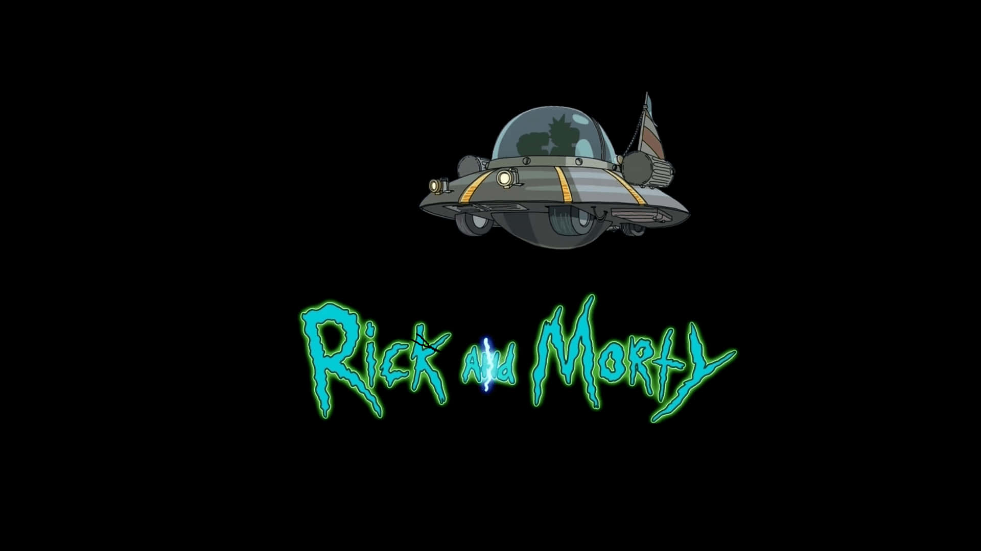Rick And Morty Backwoods 桌布 壁紙 — 一艘帶有發光燈光的卡通太空船懸浮在黑色背景上發光的綠色 Rick and Morty 標誌上方。