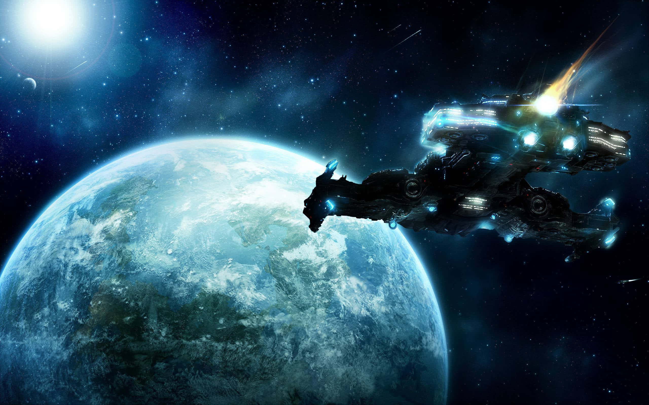Spacecraft 桌布 壁紙 — 一艘帶有發光藍光的未來太空船，在繁星點點的宇宙背景下飛過一顆巨大的藍色行星。