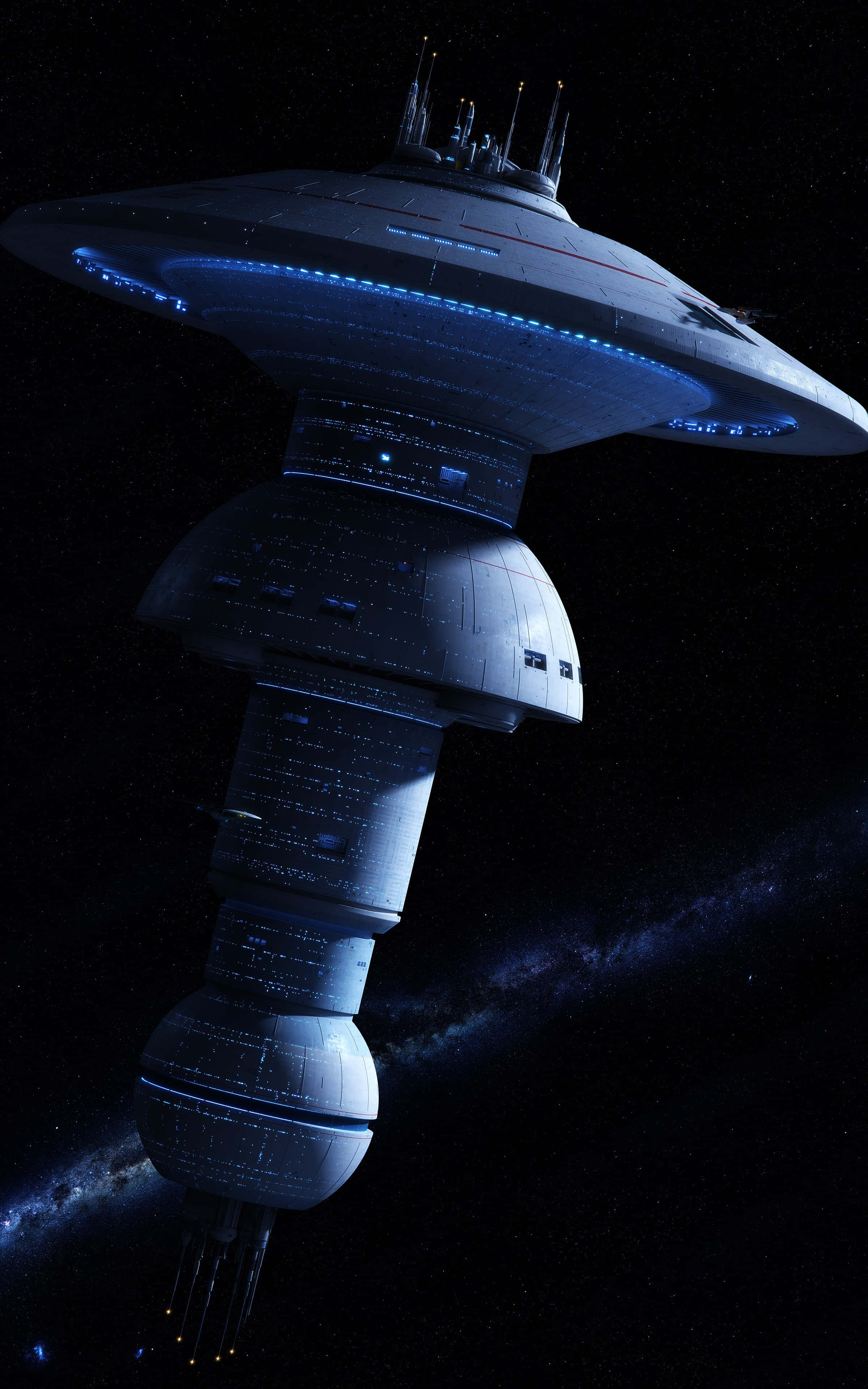 Space Station 桌布 壁紙 — 一艘帶有發光藍光的未來太空船在可見星系的星空宇宙背景下盤旋。