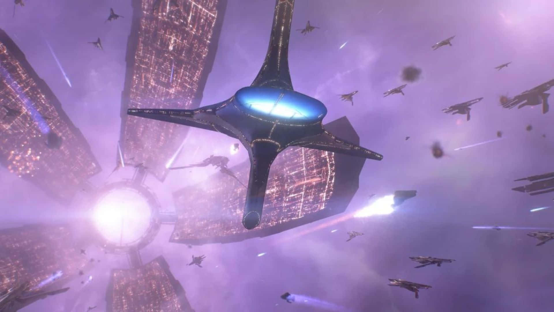 Mass Effect Citadel 桌布 壁紙 — 一艘帶有發光藍色核心的未來太空船，在紫色星雲中穿梭，周圍有較小的艦隊和高聳的太空結構。