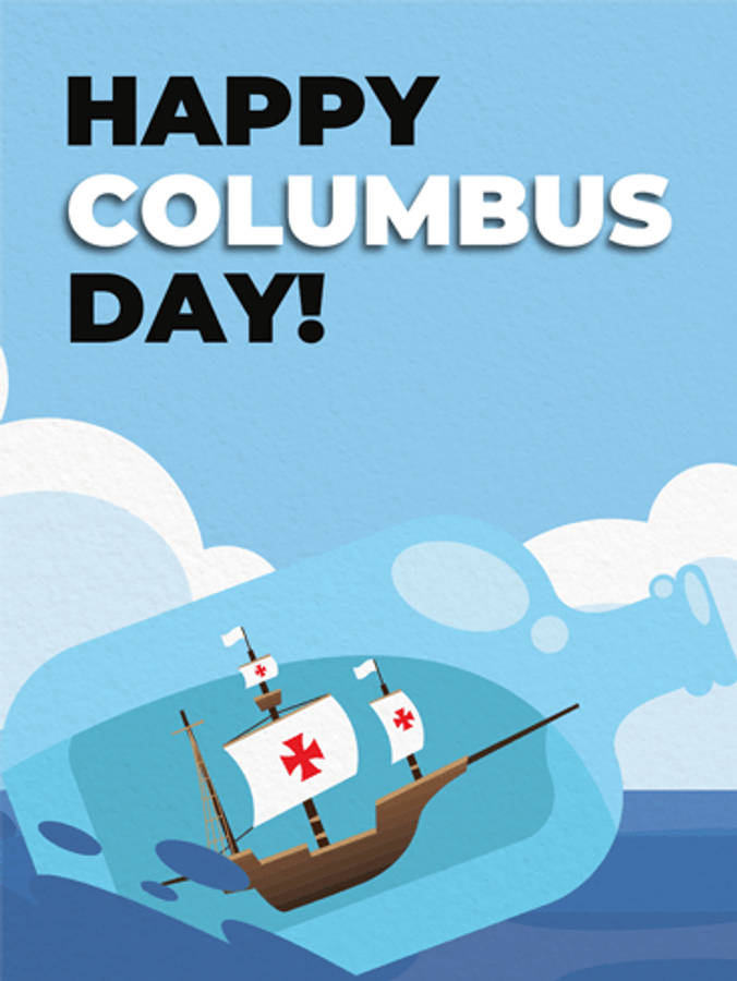 Columbus Day 桌布 壁紙 — 一艘帶有紅十字旗的卡通船在一個巨大的藍色瓶子內航行，背景是淺藍色天空和白色雲朵。