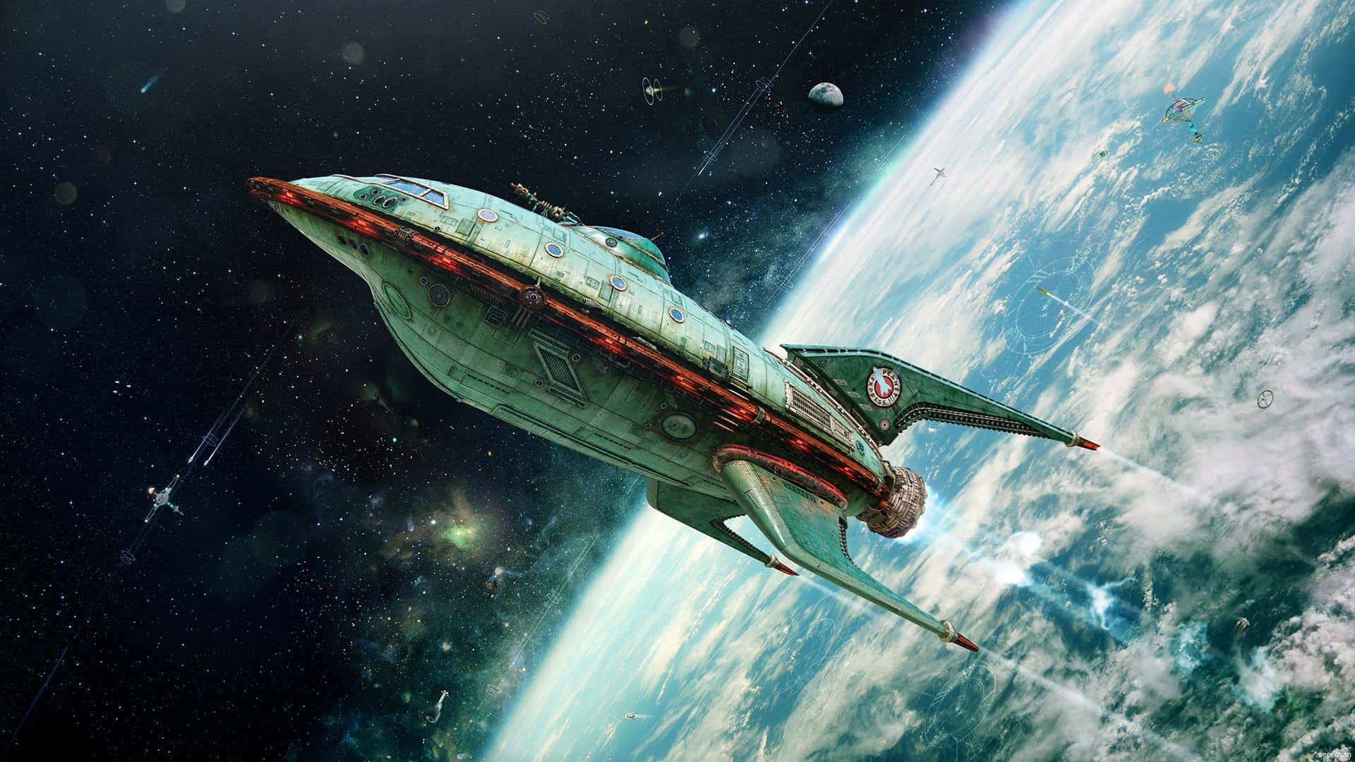 Spaceship 桌布 壁紙 — 一艘帶有紅色發光裝飾的風化綠色太空船，飛過一顆充滿活力的藍白行星，穿越滿是星辰的虛空。