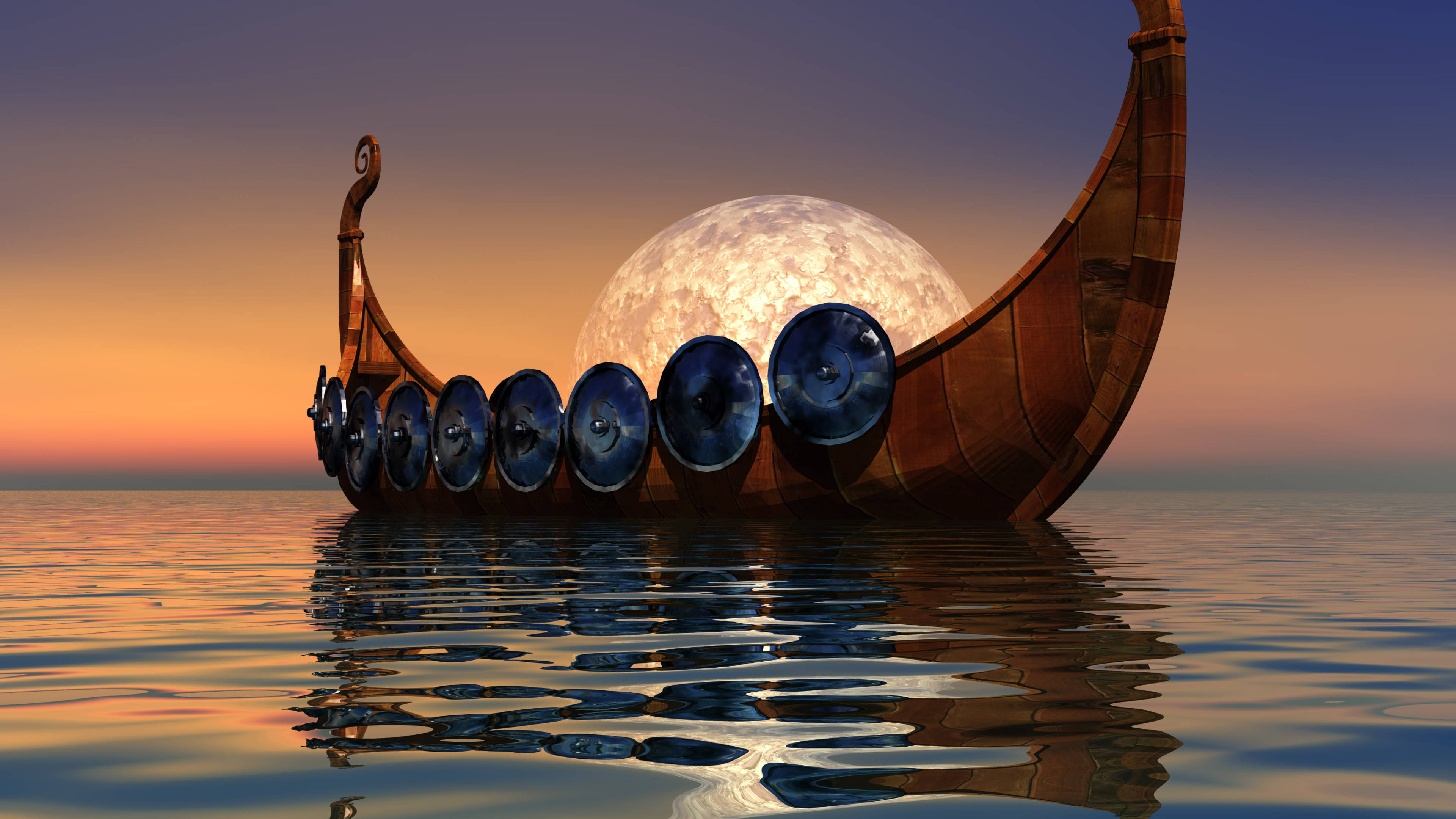 Viking Ship 桌布 壁紙 — 一艘帶有藍色盾牌的維京長船在平靜的水面上，在日落時分巨大發光的月亮下靜靜漂浮。