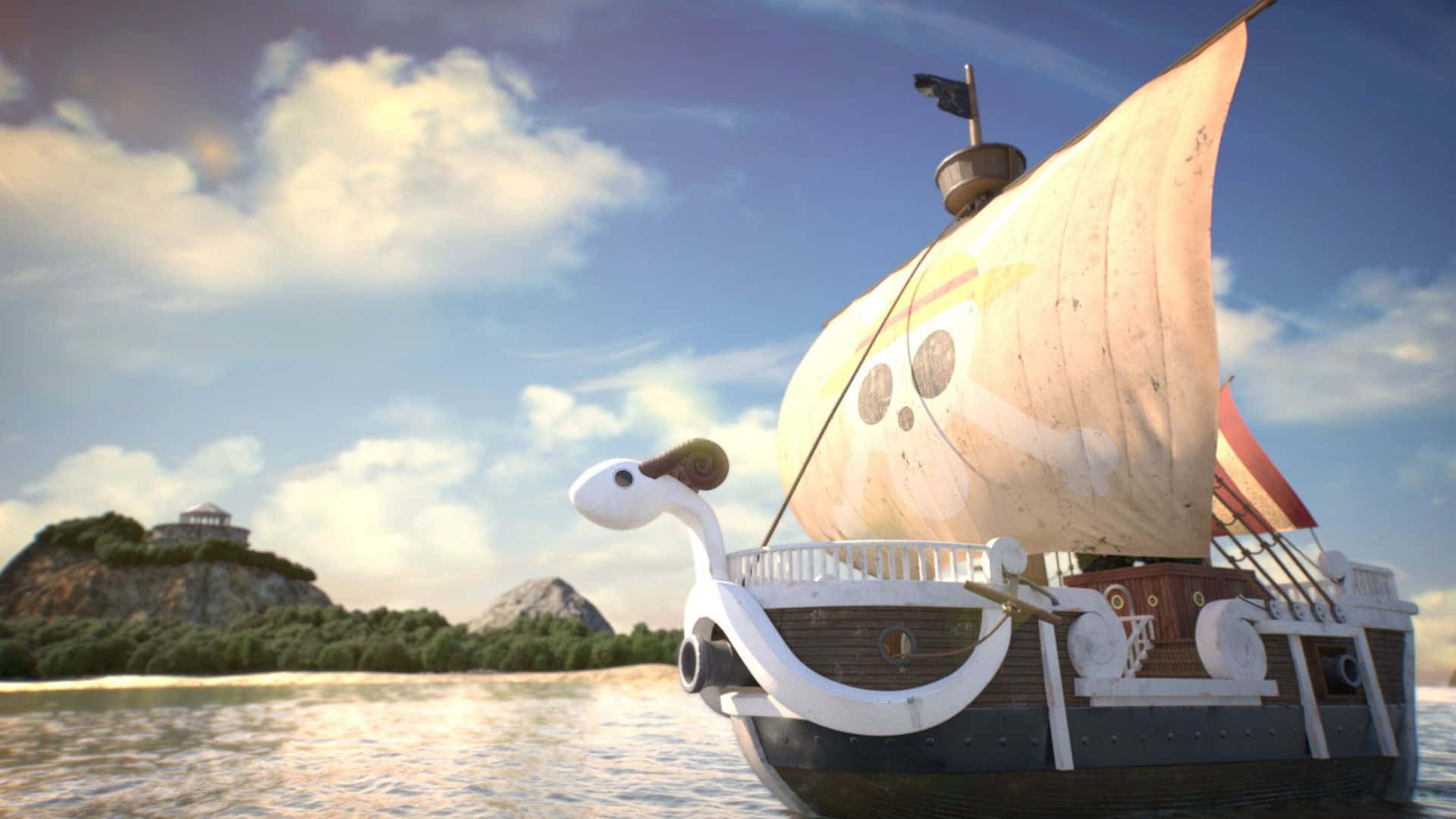 Going Merry 桌布 壁紙 — 一艘帶有骷髏帆的奇幻海盜船在平靜的水面上滑行，朝向一個遙遠的島嶼，天空部分多雲。