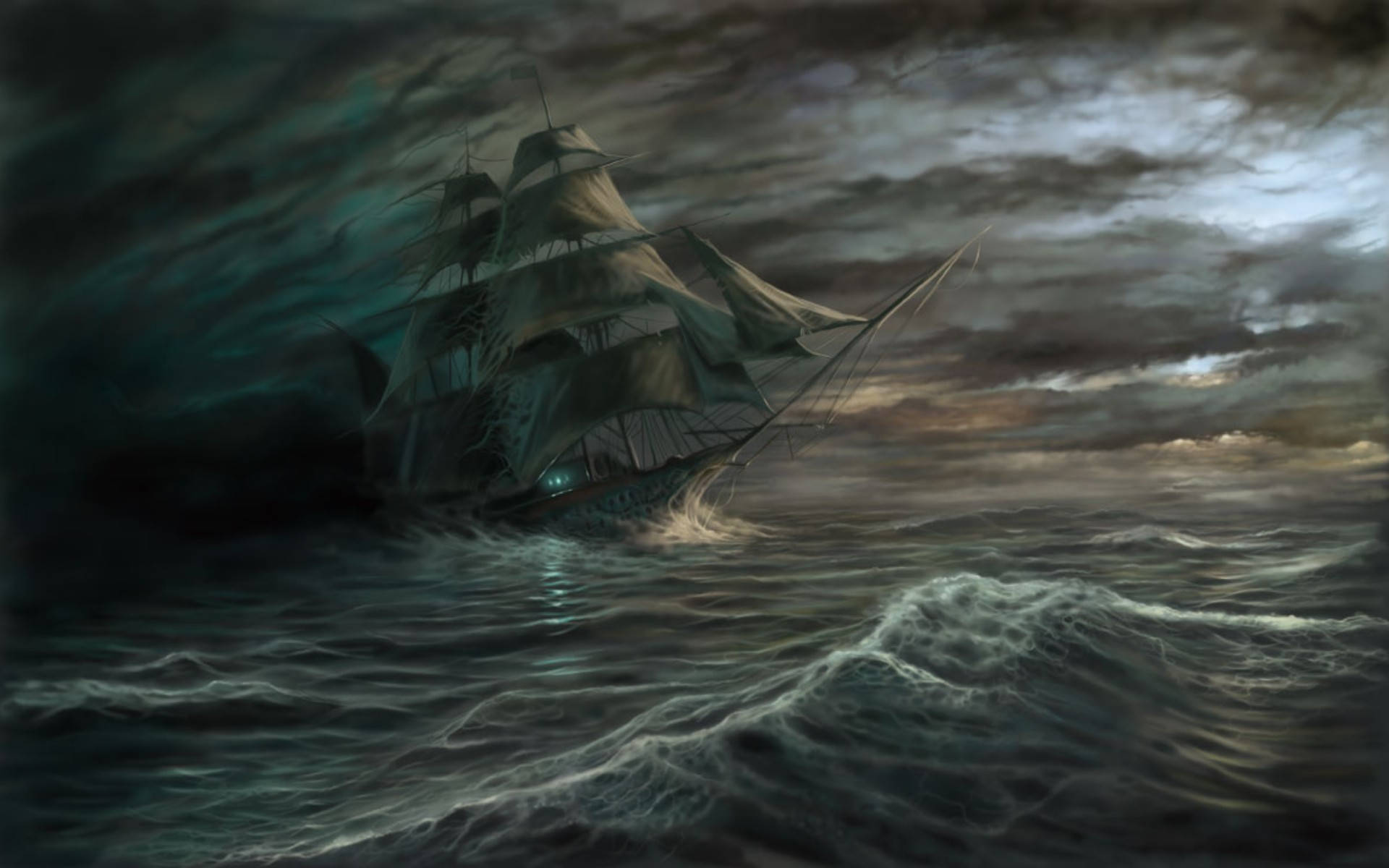 Ghost Ship 桌布 壁紙 — 一艘幽靈帆船在暴風雨黃昏的天空下，與洶湧的黑暗大海搏鬥，船上散發著詭異的發光眼睛。