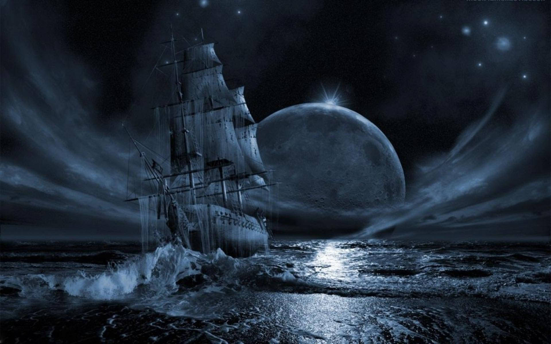 海盜船 桌布 壁紙 — 一艘幽靈帆船在深藍色夜空下，與巨大發光的月亮搏鬥著洶湧的大海。