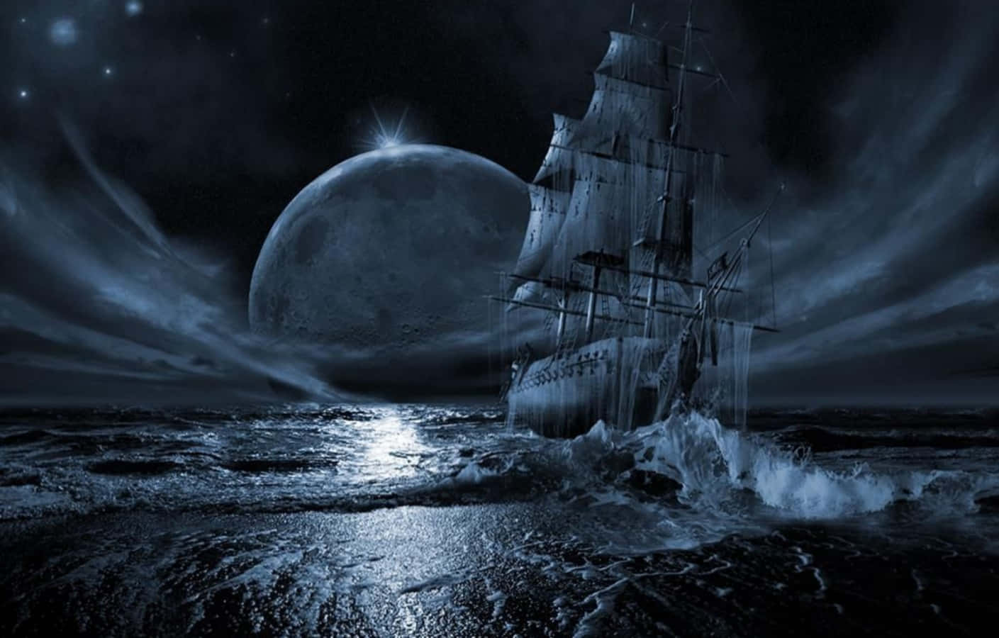 船 桌布 壁紙 — 一艘幽靈帆船在深藍色夜空下，與巨大發光的月亮搏鬥於波濤洶湧的大海中。