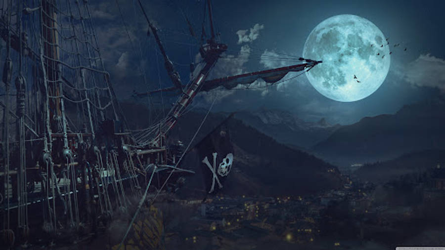 Ghost Ship 桌布 壁紙 — 一艘幽靈海盜船在夜間航行於一座多山的沿海城鎮上空，下方是一輪巨大的發光月亮。