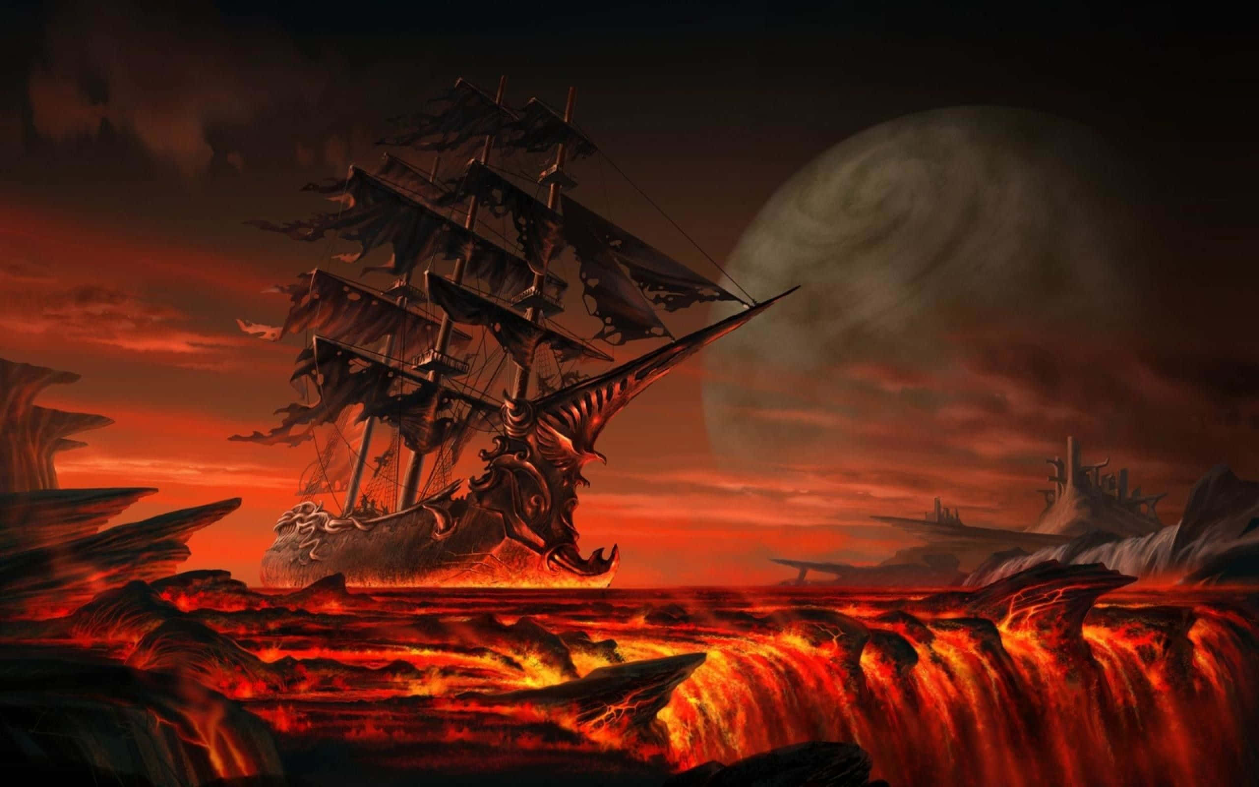 Hell 桌布 壁紙 — 一艘幽靈海盜船在血紅色的天空下，航行於熾熱的熔岩海上，一輪巨大的月亮懸掛在頭頂。