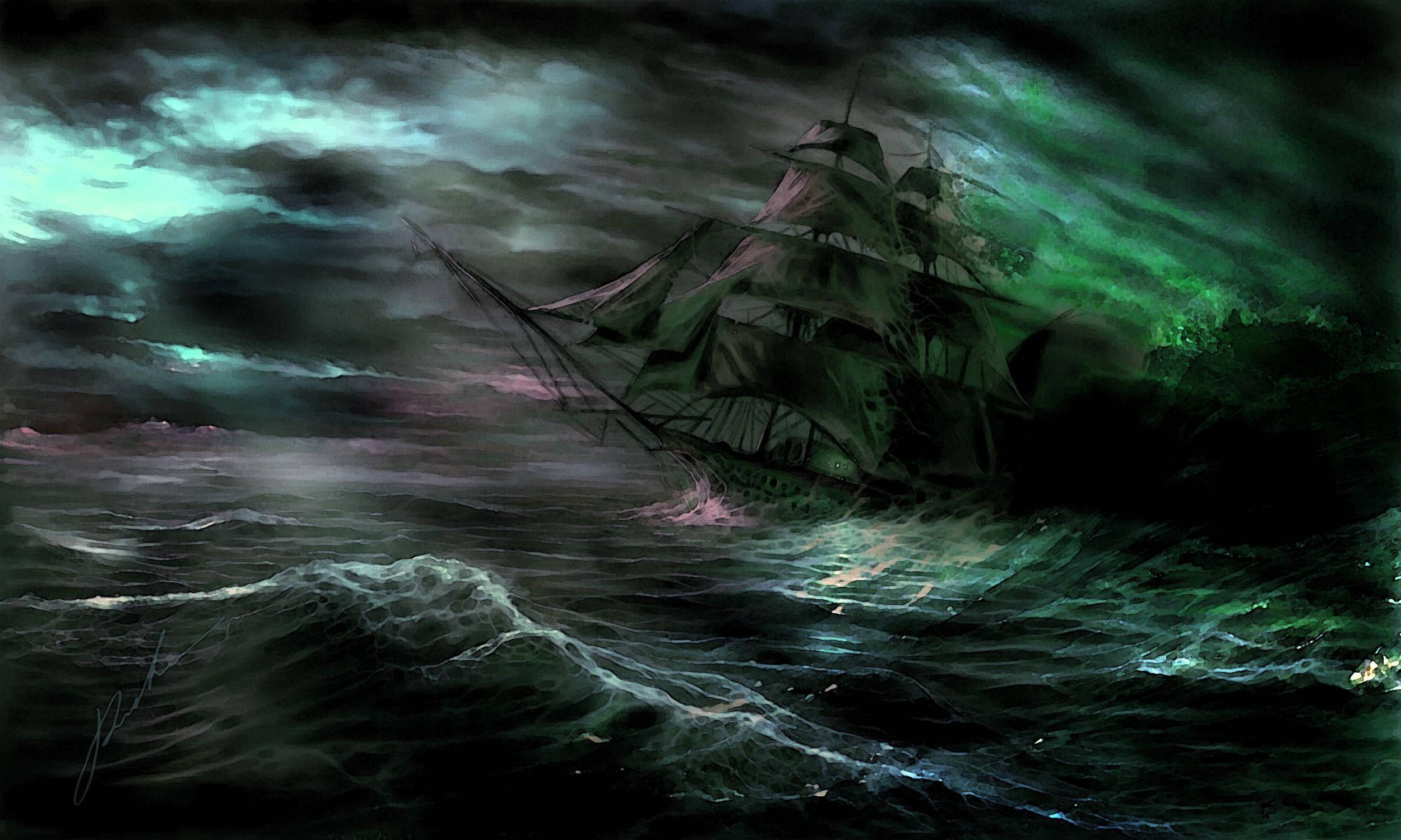 Ghost Ship 桌布 壁紙 — 一艘幽靈船在暴風雨的天空下與巨浪搏鬥，天空閃爍著詭異的綠色極光。