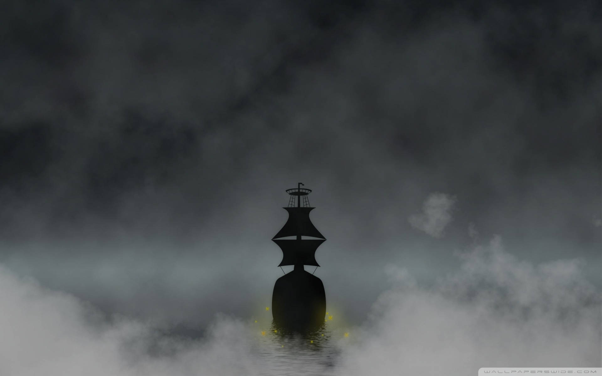 Ghost Ship 桌布 壁紙 — 一艘幽靈船在暴風雨的天空下航行於迷霧水域，其底部發出光芒。