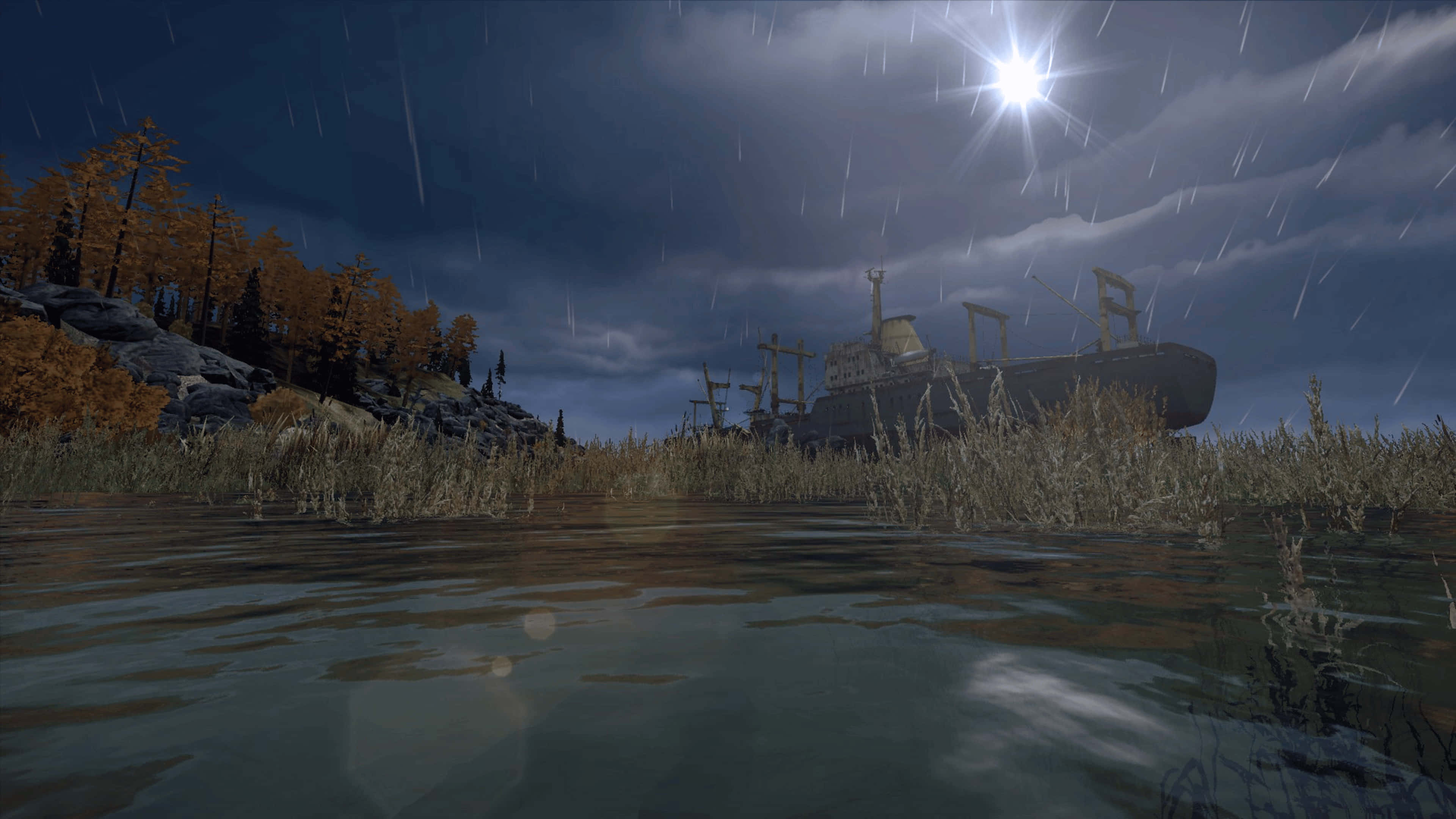 Dayz Mod 桌布 壁紙 — 一艘廢棄船隻擱淺在淺水中，星空下，雨水落在秋天的樹木和蘆葦上。