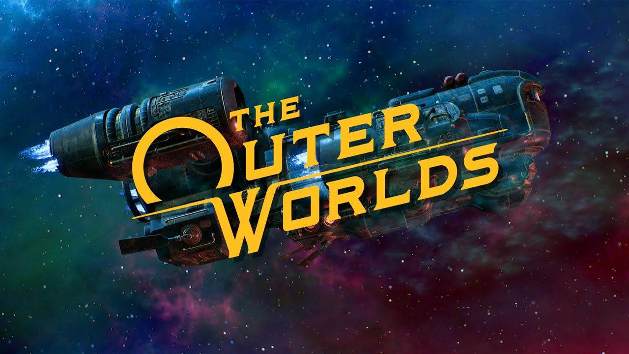The Outer Worlds 桌布 壁紙 — 一艘復古未來風格的太空船在充滿活力的宇宙星雲中滑行，星雲中有閃爍的星星，遊戲標題顯眼地展示。