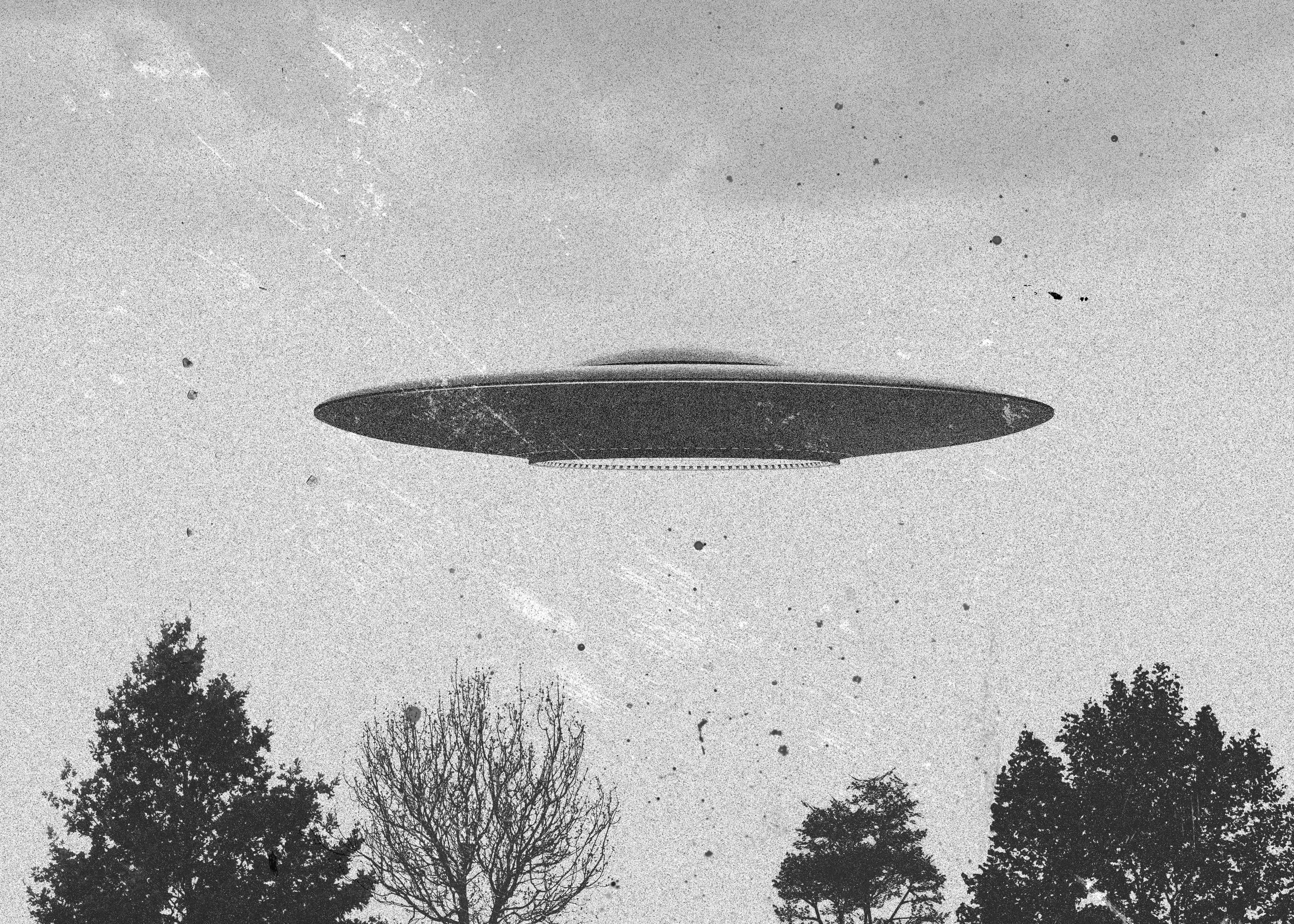 黑白 桌布 壁紙 — 一艘復古風格的UFO懸浮在森林樹冠上方，天空帶有顆粒質感。